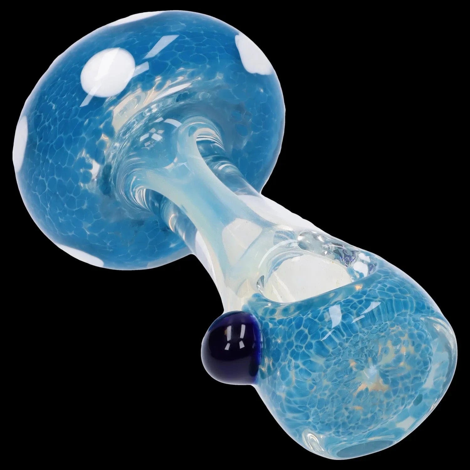 Close-up angled view of the Mushroom Frit Spoon Pipe - 4.5 in showing its blue fritted glass head, clear neck, and rounded bowl against a black background
