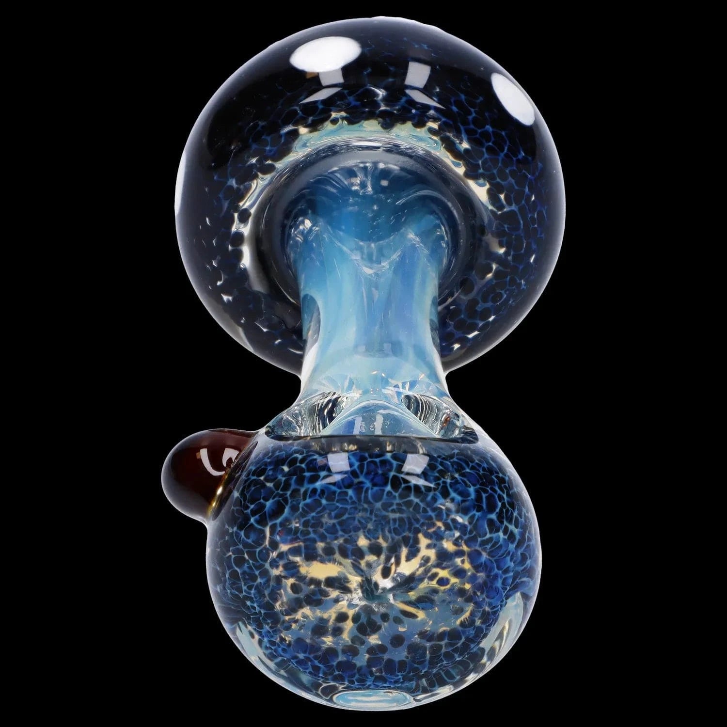 Top-down close-up of the Mushroom Frit Spoon Pipe - 4.5 in showing its blue speckled glass bowl and glossy rounded mouthpiece against a black background