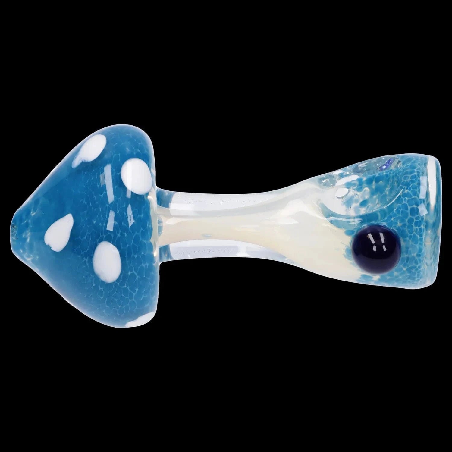 A side view of the 4.5-inch Mushroom Frit Spoon Pipe, featuring a colorful, speckled glass design.