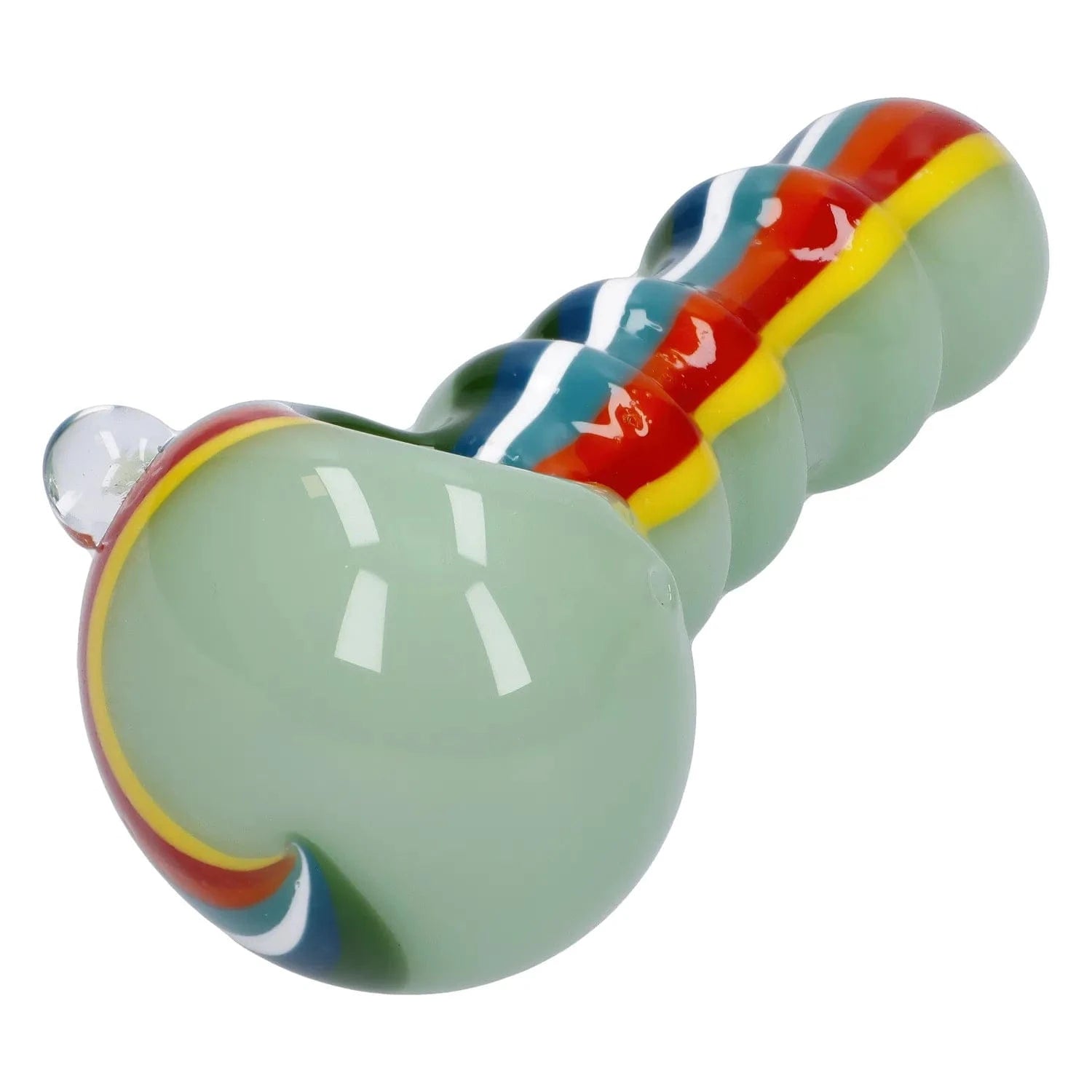 Close-up angled view of the Slime Rasta Rainbow Spoon Pipe - 4.5 in showing its pale green bowl and glossy twisted handle with red, yellow, blue and white stripes.