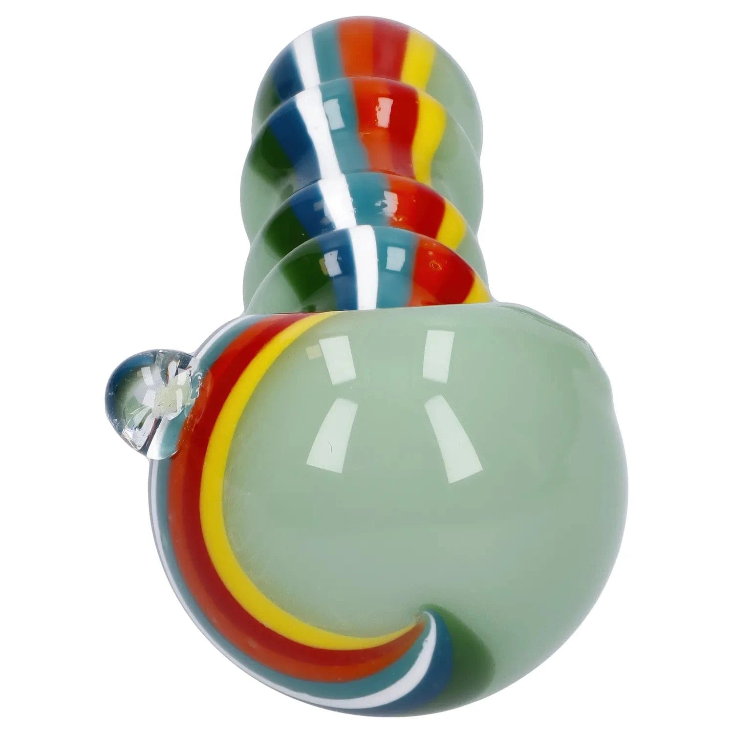 Top-down close-up of the Slime Rasta Rainbow Spoon Pipe - 4.5 in showing a pale green bowl with a curved rainbow stripe and stacked spiral handle.