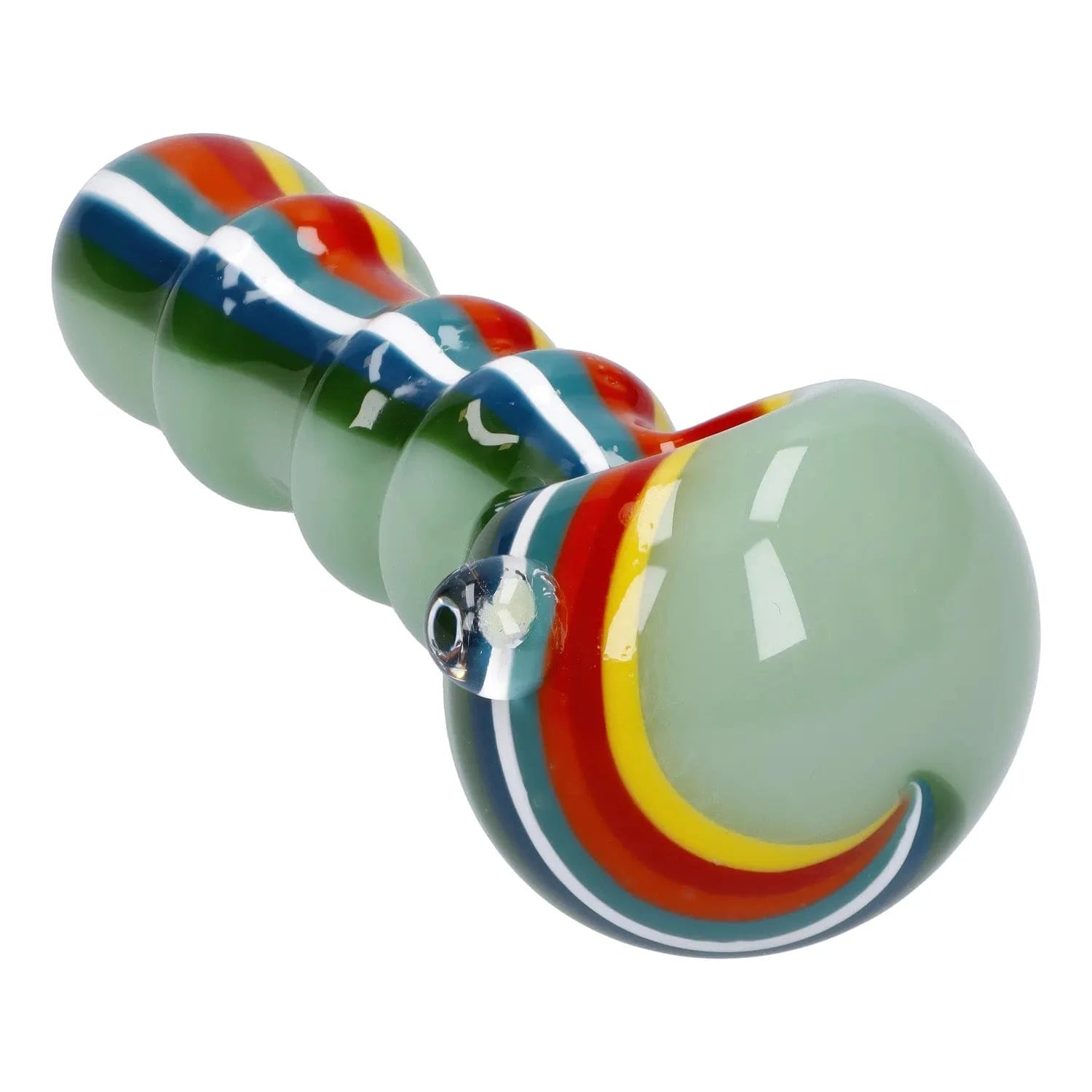 Close-up angled view of a pale green Slime Rasta Rainbow Spoon Pipe - 4.5 in with raised multicolored red, yellow, white and blue stripes along its curved body.
