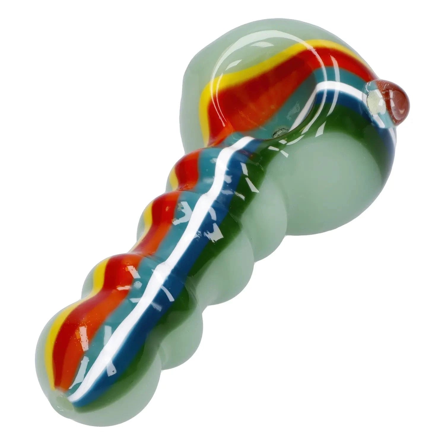 Angled close-up of the Slime Rasta Rainbow Spoon Pipe - 4.5 in showing its pale green glass body with raised ridges and a bright red, yellow, blue and white striped swirl down the center.