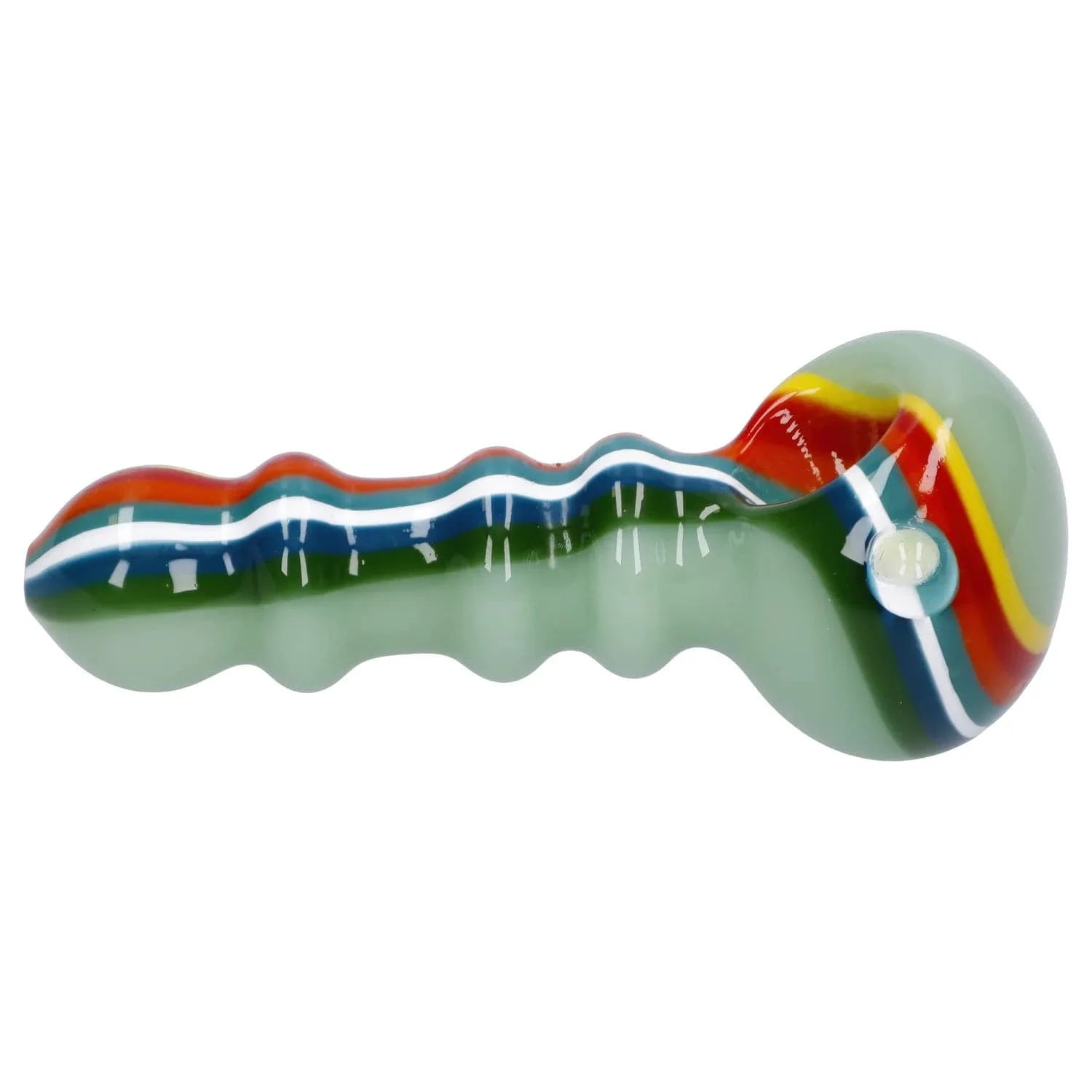 Side profile of the Slime Rasta Rainbow Spoon Pipe - 4.5 in showing its pale green glass body with wavy grip, multicolored red-yellow-blue stripes and glossy finish