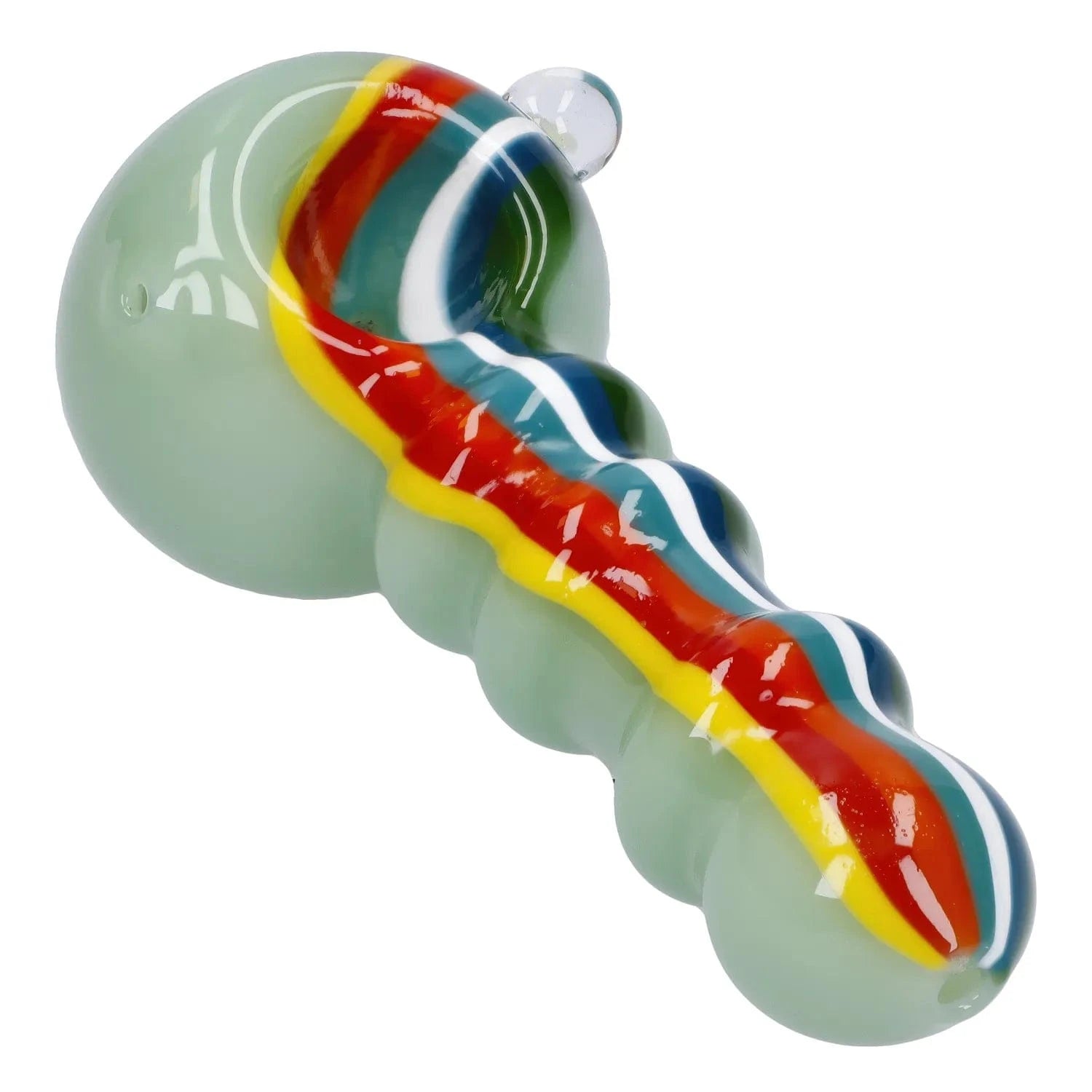 Close-up of the Slime Rasta Rainbow Spoon Pipe - 4.5 in showing a glossy pale green glass body with raised bumps and a central rainbow stripe of red, yellow, blue, and white.