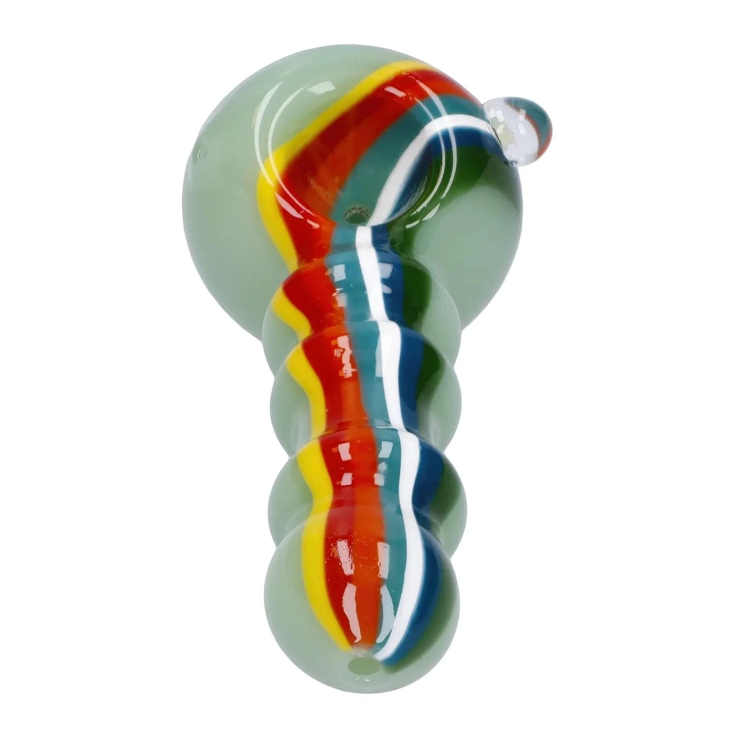 Top-down close-up of the Slime Rasta Rainbow Spoon Pipe - 4.5 in, showing its twisted pale green glass body with a central red, yellow, blue and white striped ribbon and round bowl.