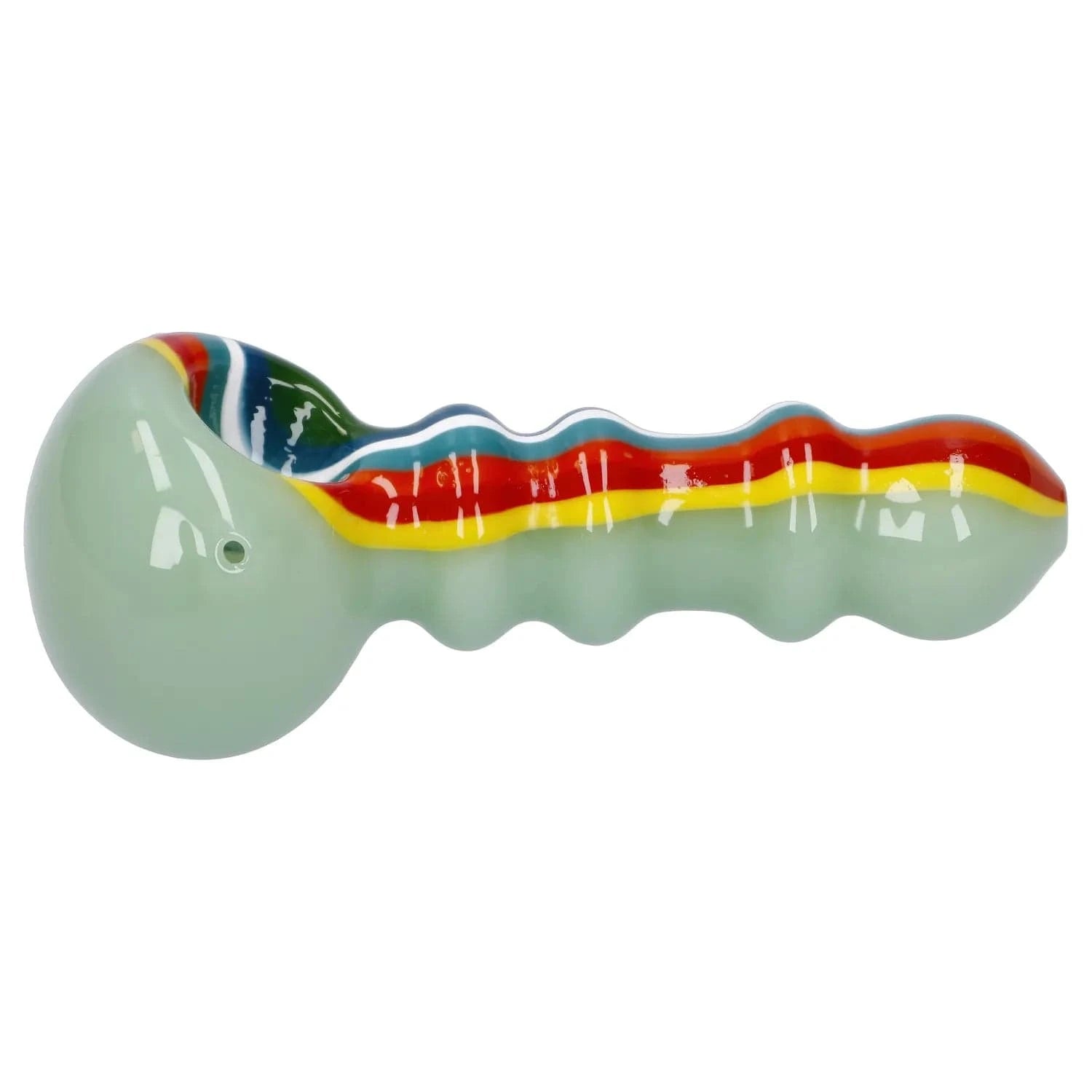 Side view of the Slime Rasta Rainbow Spoon Pipe - 4.5 in showing a pale green glass body with a wavy rainbow stripe along the top and a rounded bowl at left