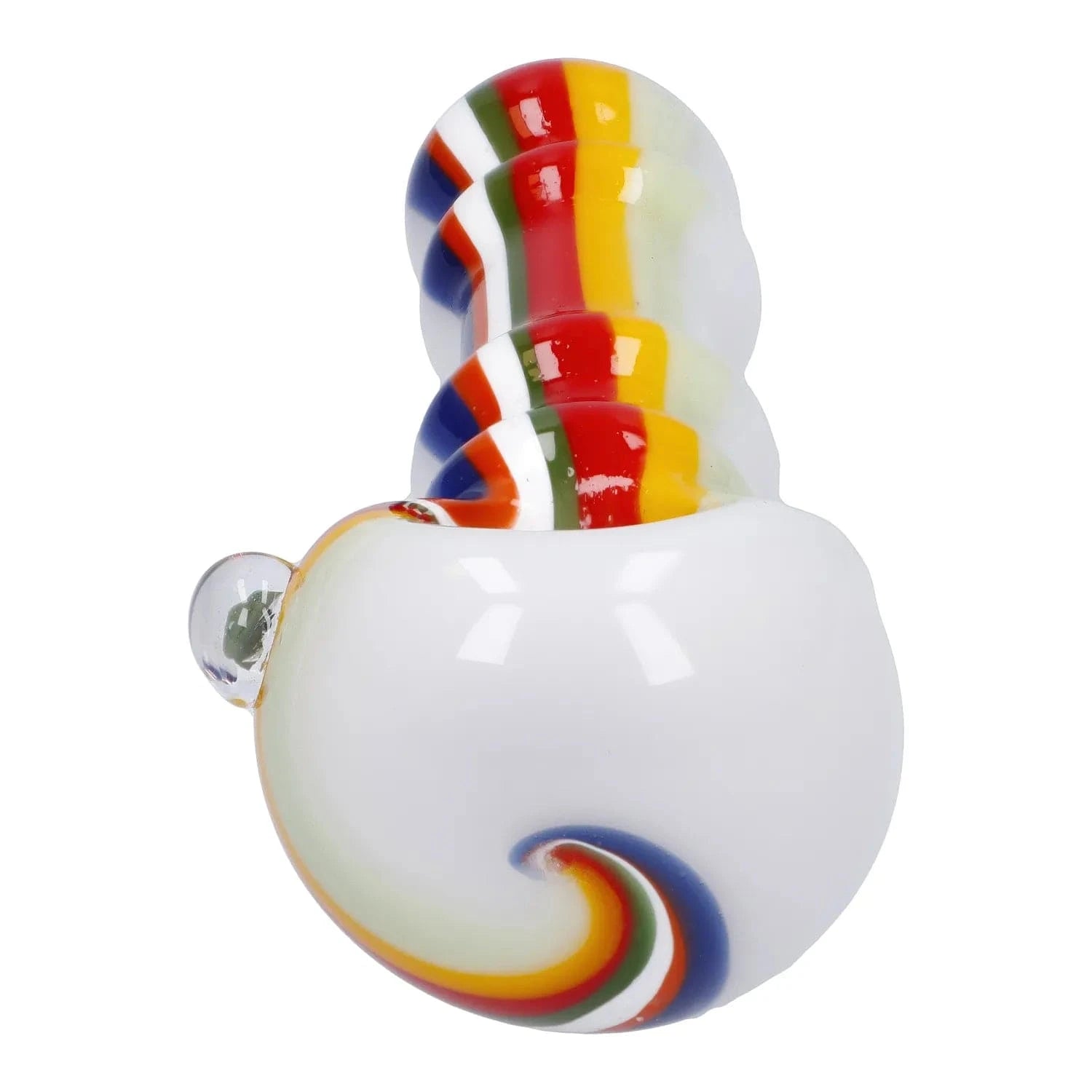 Close-up top view of the Slime Rasta Rainbow Spoon Pipe - 4.5 in showing glossy white glass with a multicolored spiral and striped mouthpiece.