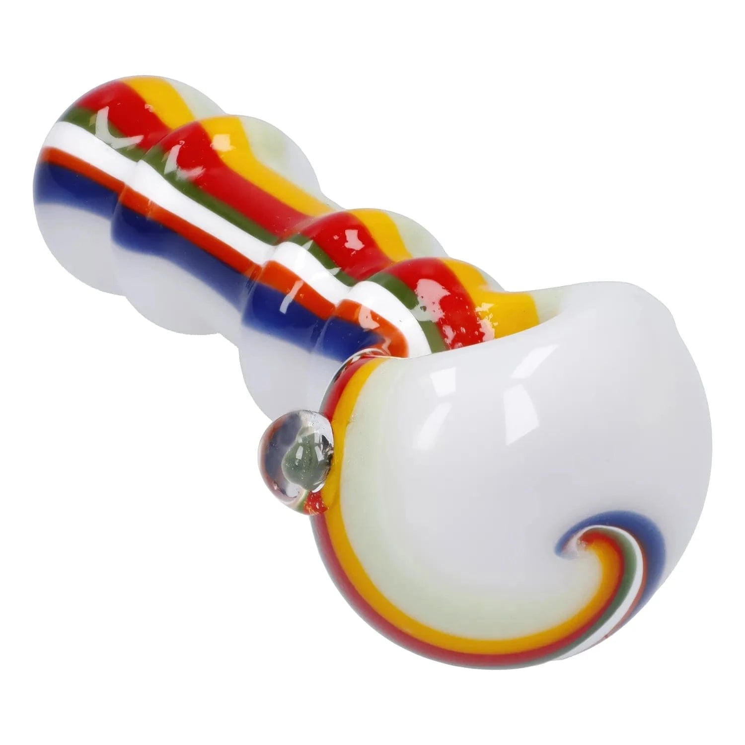 Close-up angled view of the Slime Rasta Rainbow Spoon Pipe - 4.5 in showing its white glass bowl with a rainbow swirl and a ribbed handle of red, yellow, green, blue, and orange stripes.