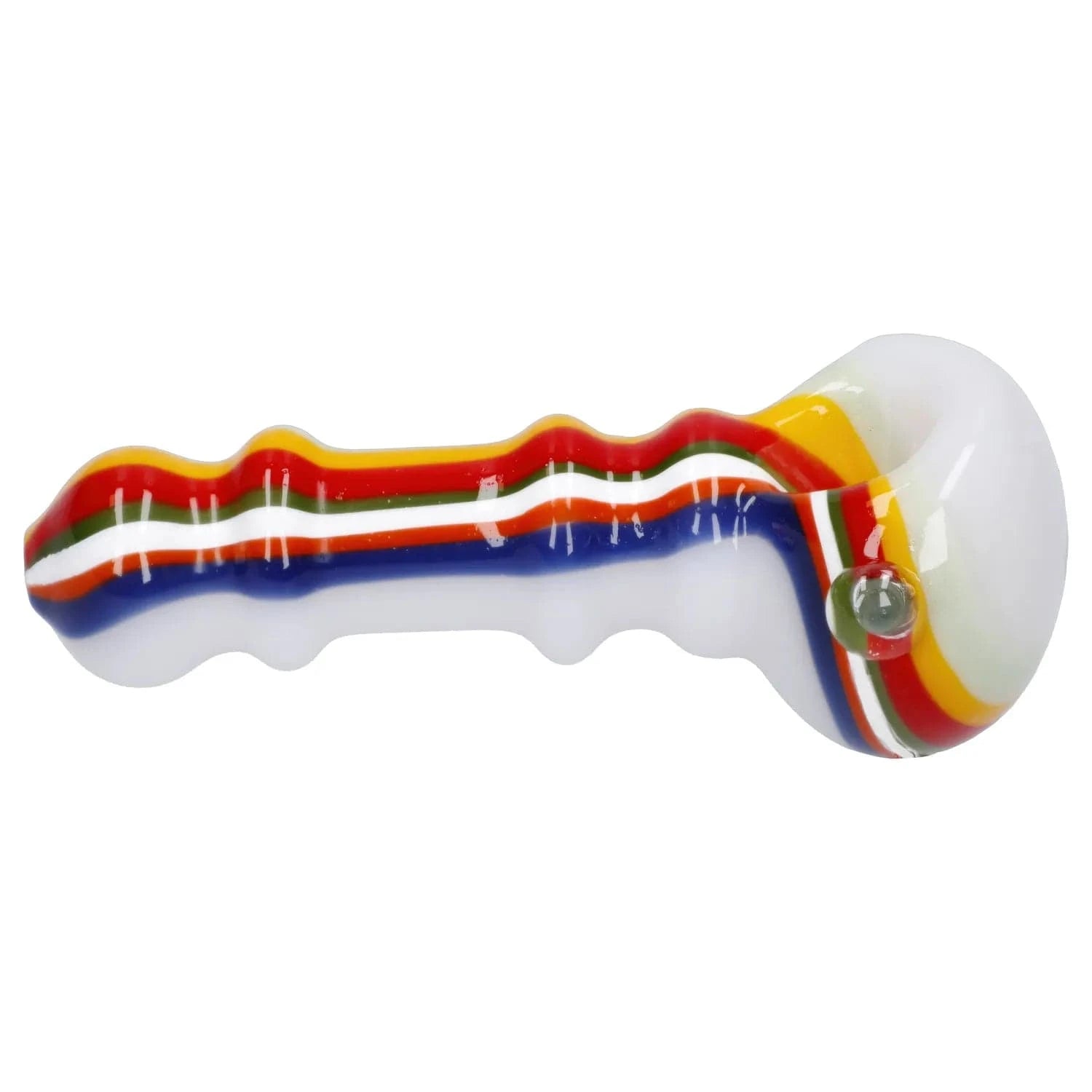 Side view of the Slime Rasta Rainbow Spoon Pipe - 4.5 in showing its white glass body with raised rainbow stripes and a rounded bowl on the right.