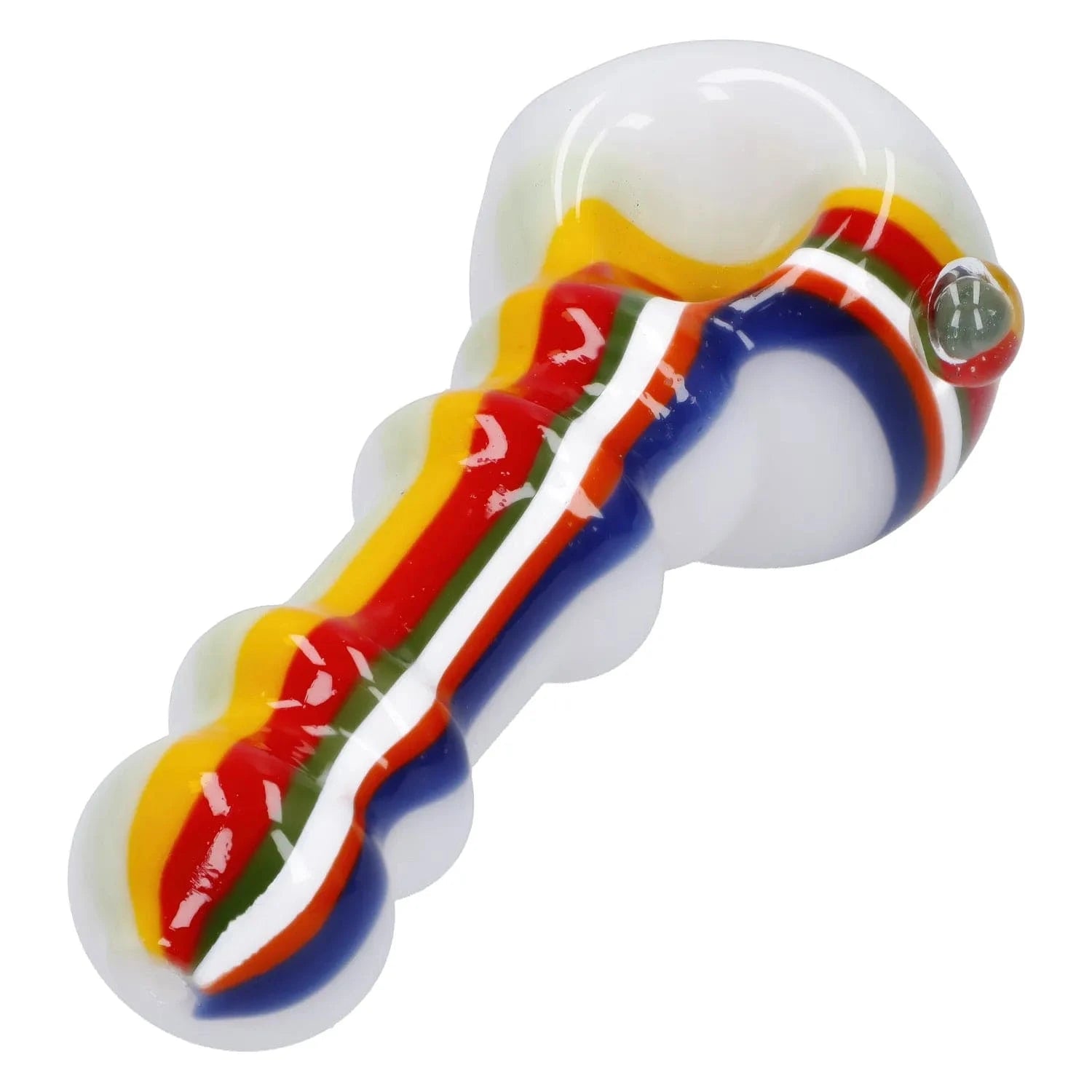 Angled close-up of the Slime Rasta Rainbow Spoon Pipe - 4.5 in showing its white glass body with raised scalloped sides and vivid red, yellow, green, blue and white rasta stripes.