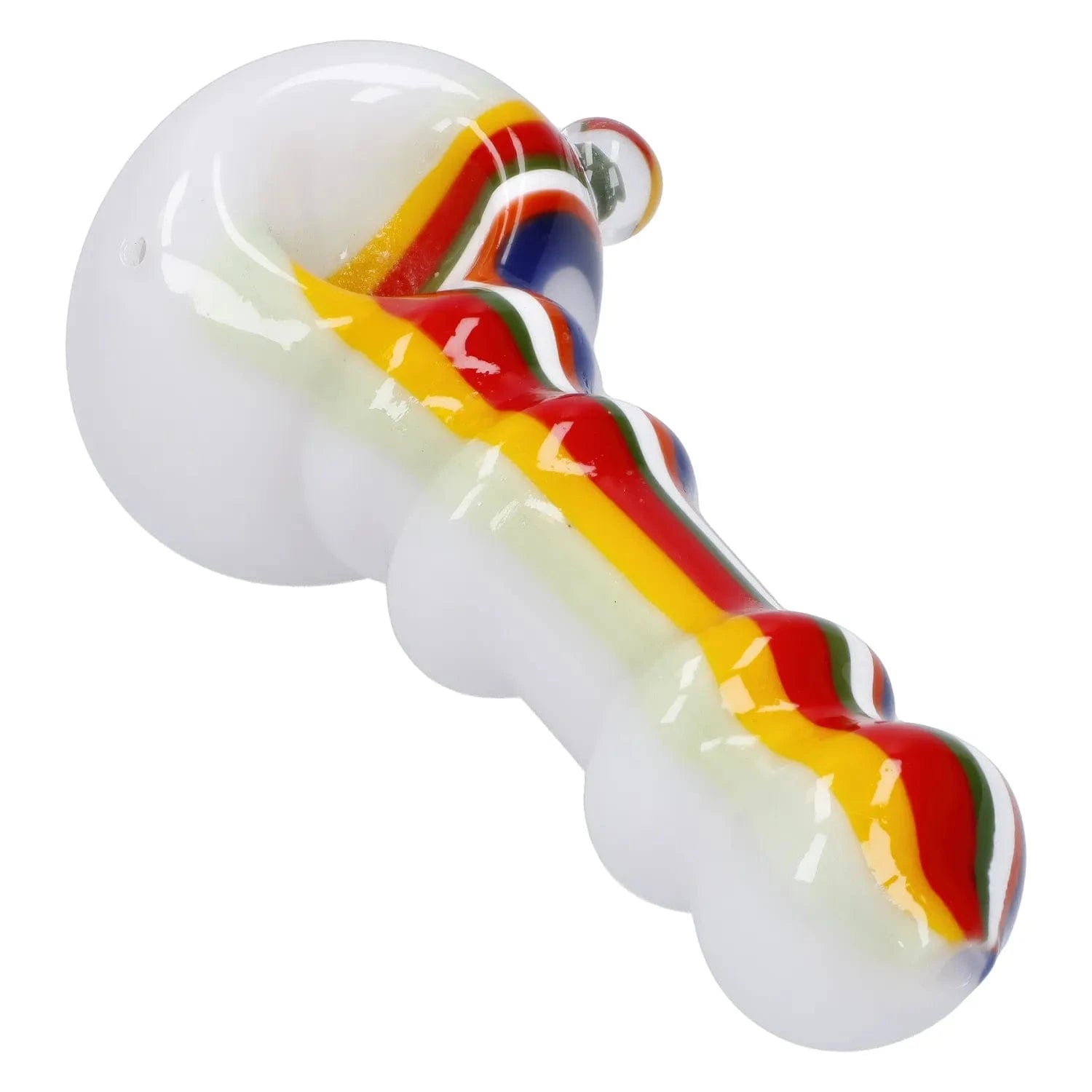 Angled close-up of the Slime Rasta Rainbow Spoon Pipe - 4.5 in showing its white glass body with raised rainbow rasta stripes along the top.