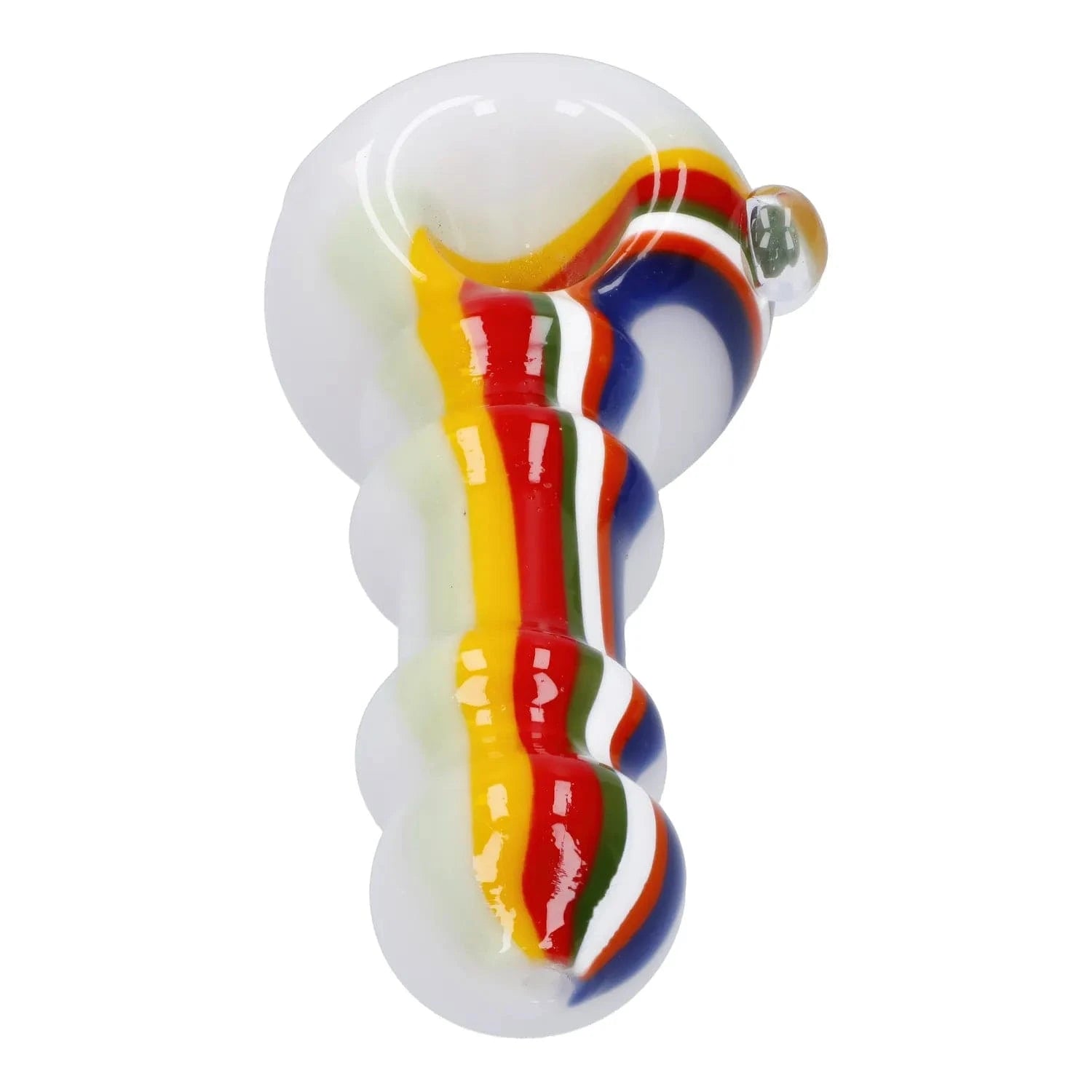 Close-up top view of the Slime Rasta Rainbow Spoon Pipe - 4.5 in showing its white glass body with raised twisted ridges and bright red, yellow, green, blue and white rainbow stripes.