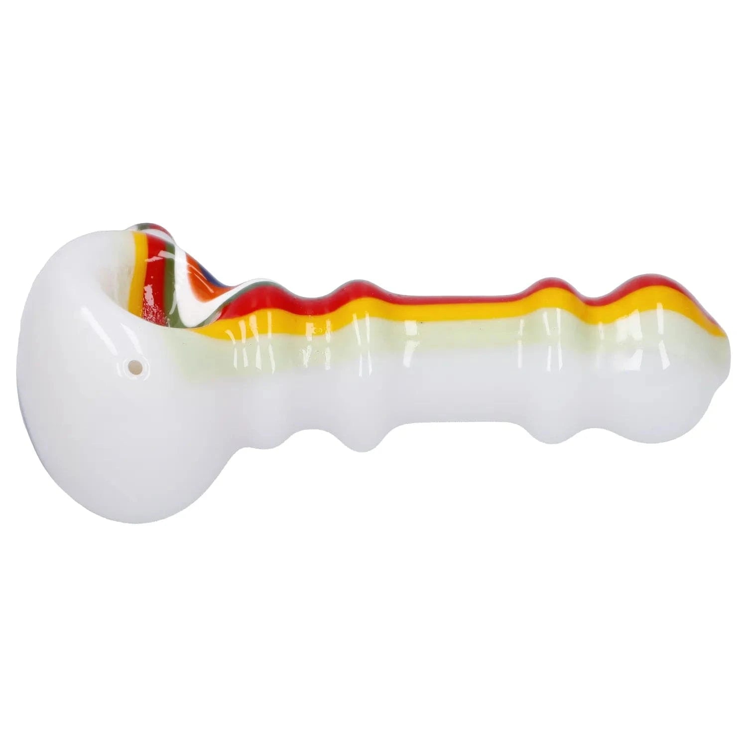 Side view of the Slime Rasta Rainbow Spoon Pipe - 4.5 in showing a white glass spoon with ridged handle and red, yellow and green rasta stripes along the top.