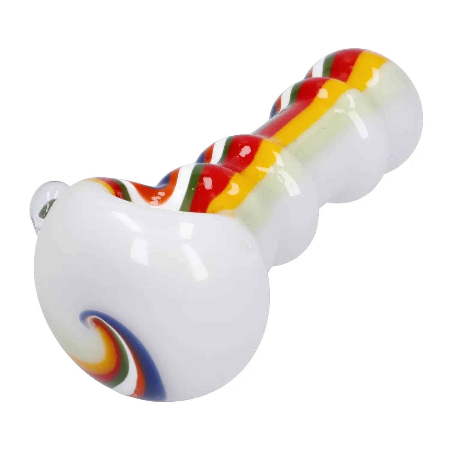 Close-up angled view of the white Slime Rasta Rainbow Spoon Pipe - 4.5 in showing its multicolored rasta swirl and ribbed rainbow stripe along the bowl and handle