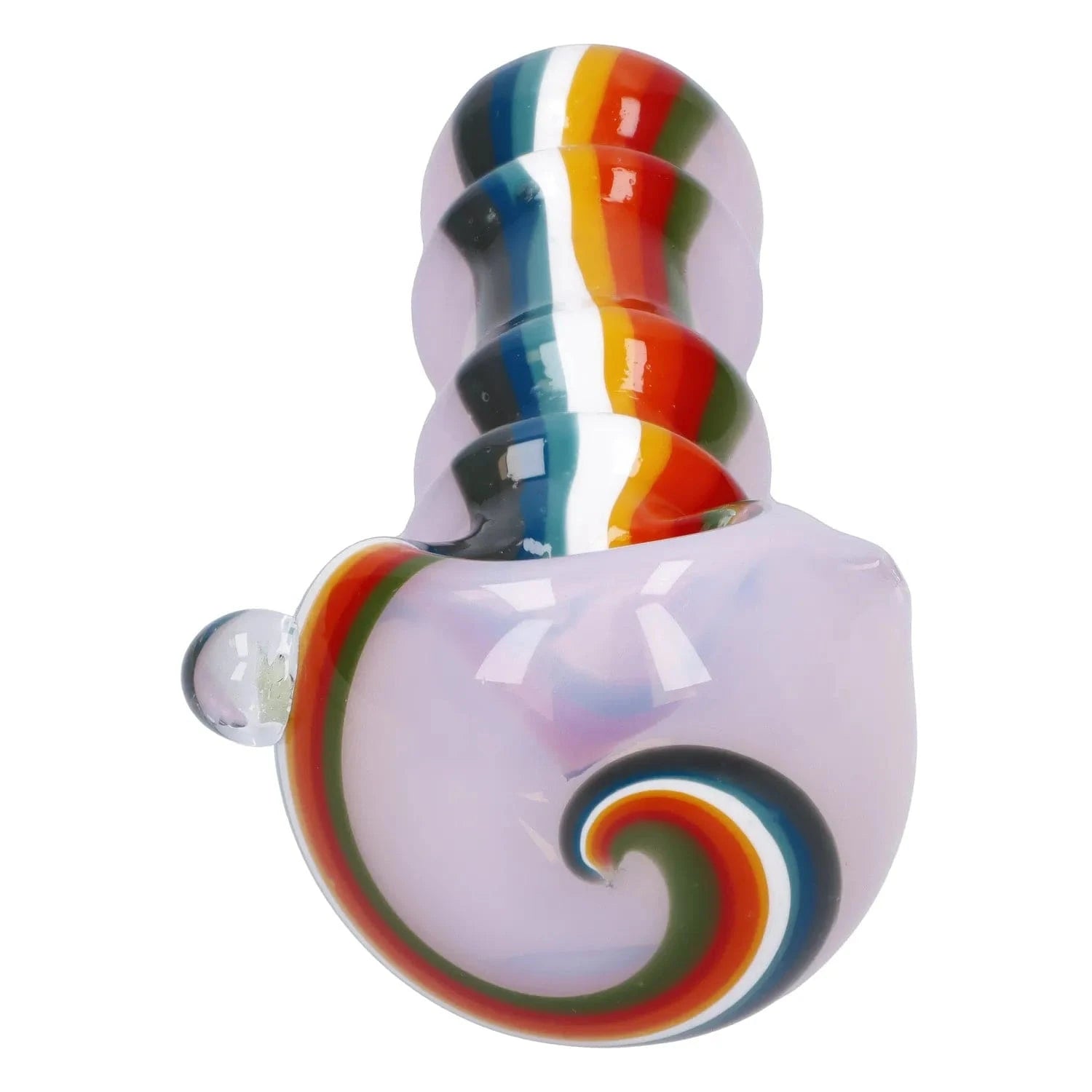 Close-up overhead view of the Slime Rasta Rainbow Spoon Pipe - 4.5 in showing its glossy pale lavender body and a spiral rainbow stripe winding from bowl to neck.