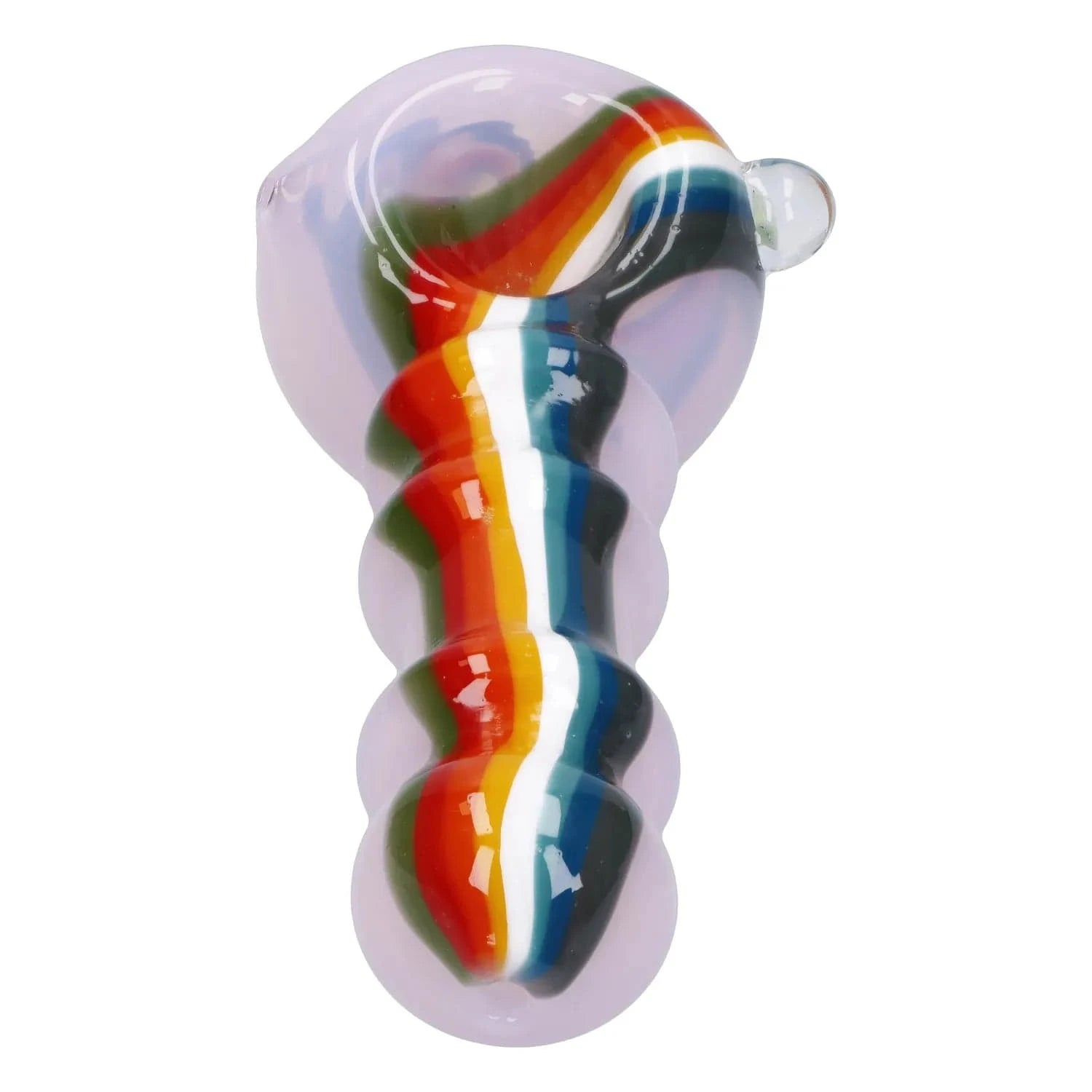 Top-down close-up of the Slime Rasta Rainbow Spoon Pipe - 4.5 in showing a glossy white glass body with a raised twisted rainbow stripe down its center.