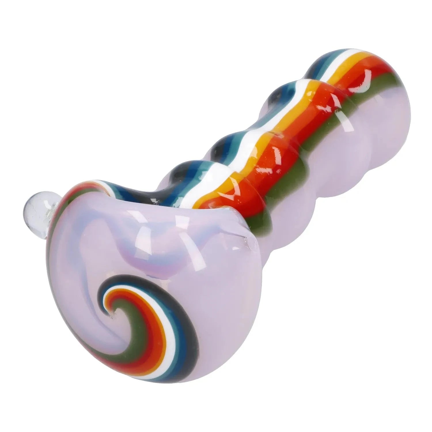 Close-up angled view of the Slime Rasta Rainbow Spoon Pipe - 4.5 in showing its glossy pale lavender body and raised rainbow-striped swirl along the top.