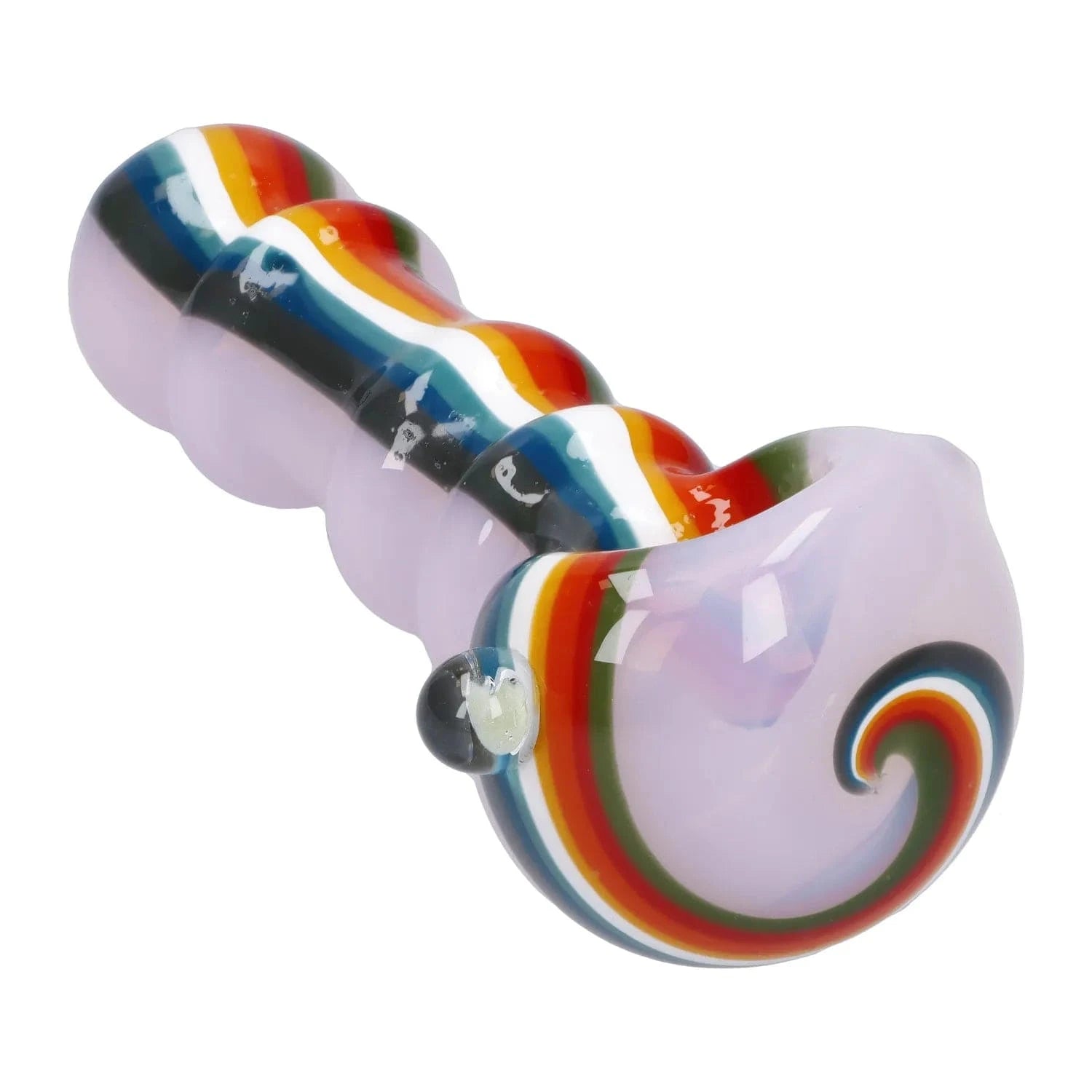 Close-up angled view of the Slime Rasta Rainbow Spoon Pipe - 4.5 in, showing its pale lavender glass body with raised rainbow-striped ridges and glossy finish