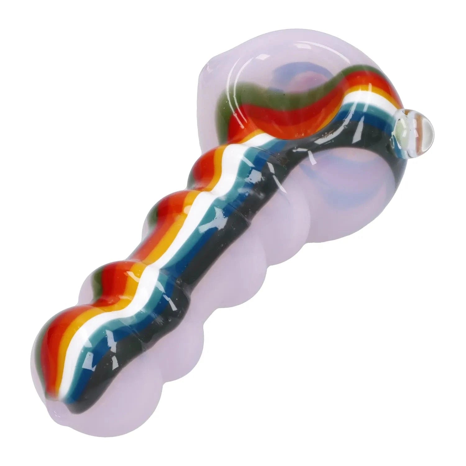 Close-up angled view of the Slime Rasta Rainbow Spoon Pipe - 4.5 in showing its pale lavender body with a raised rainbow stripe along the stem.