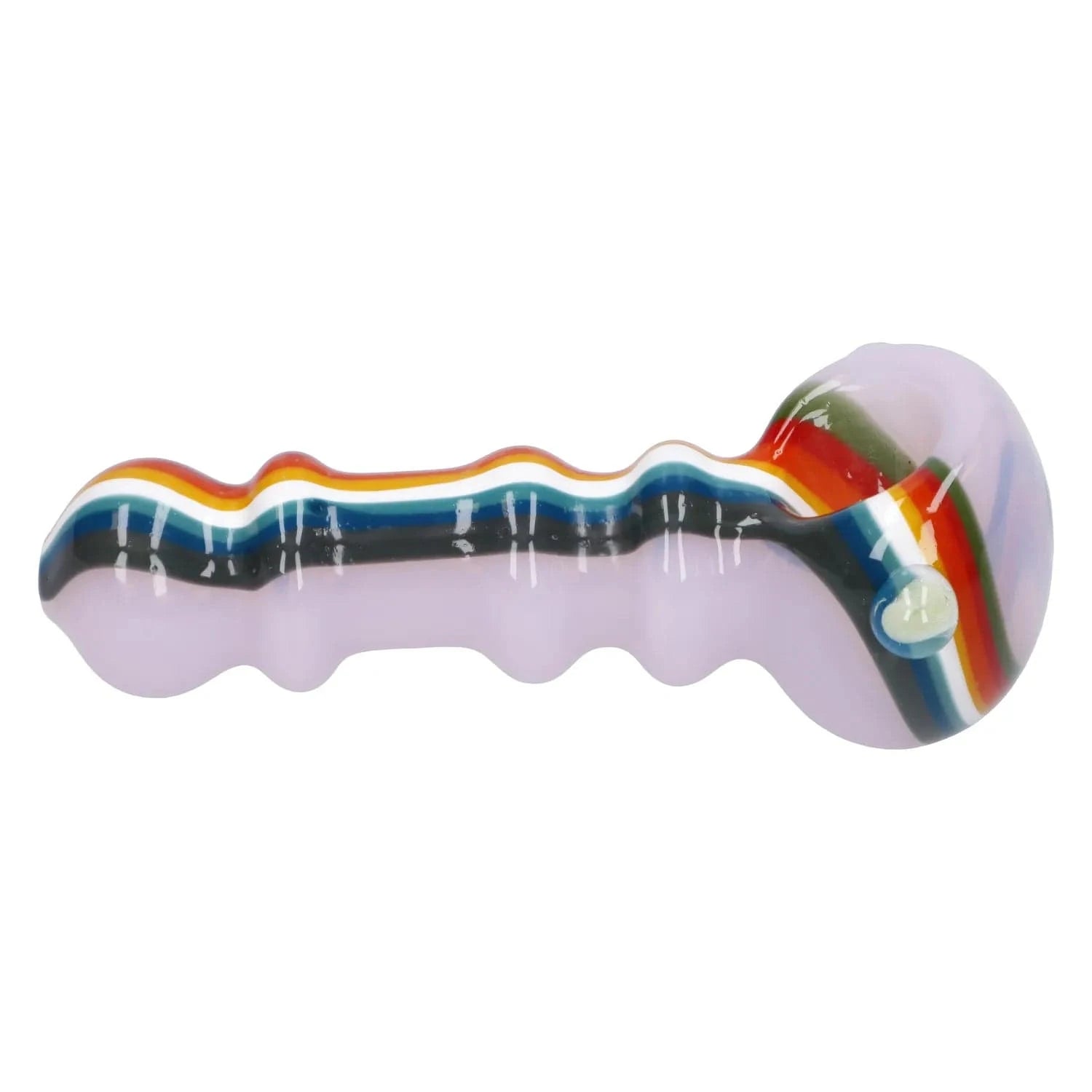 Side view of the Slime Rasta Rainbow Spoon Pipe - 4.5 in showing a lilac glass body with raised grip bumps and a multicolored rasta stripe near the bowl.
