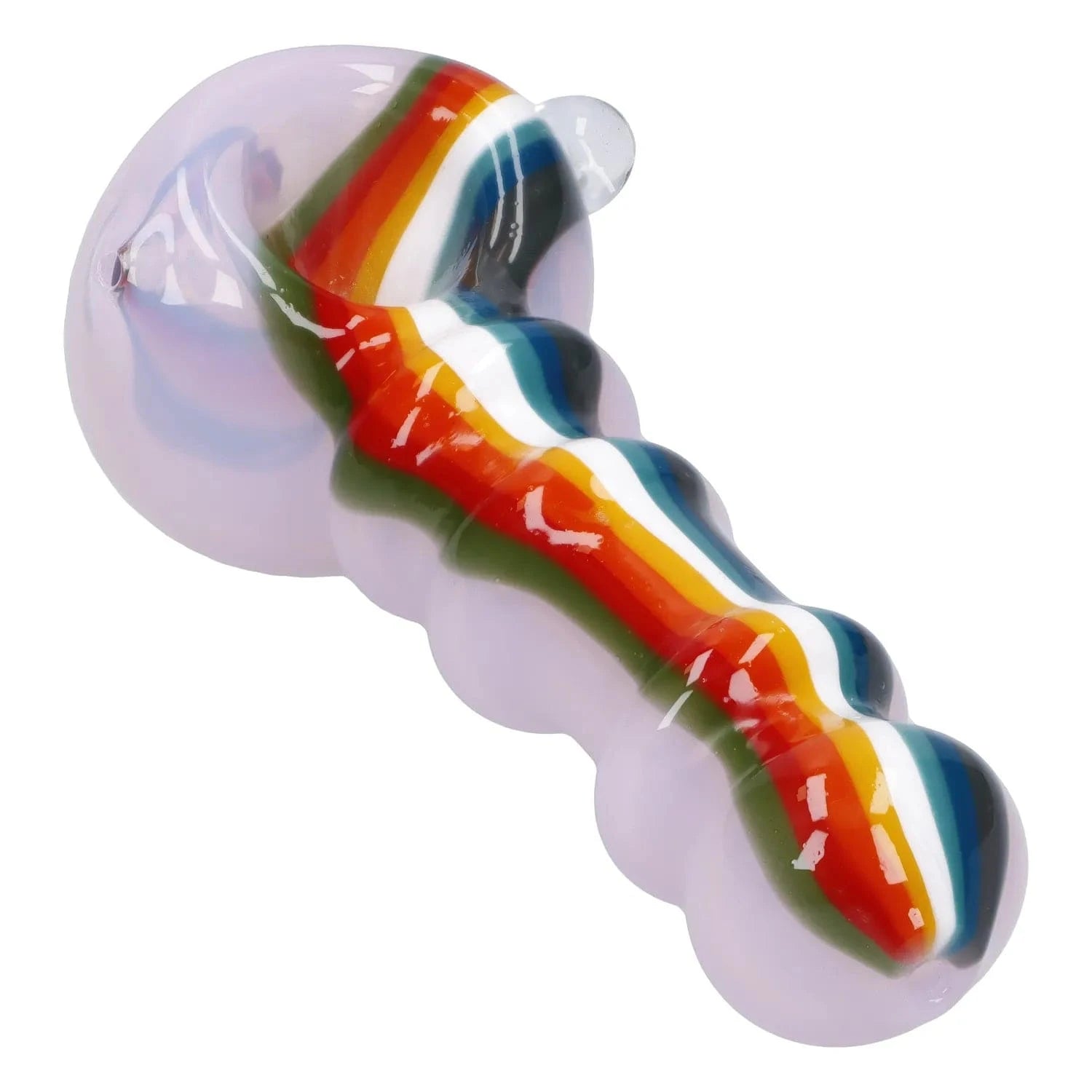 Close-up angled view of the Slime Rasta Rainbow Spoon Pipe - 4.5 in showing its glossy ridged glass body with bold rainbow stripes.