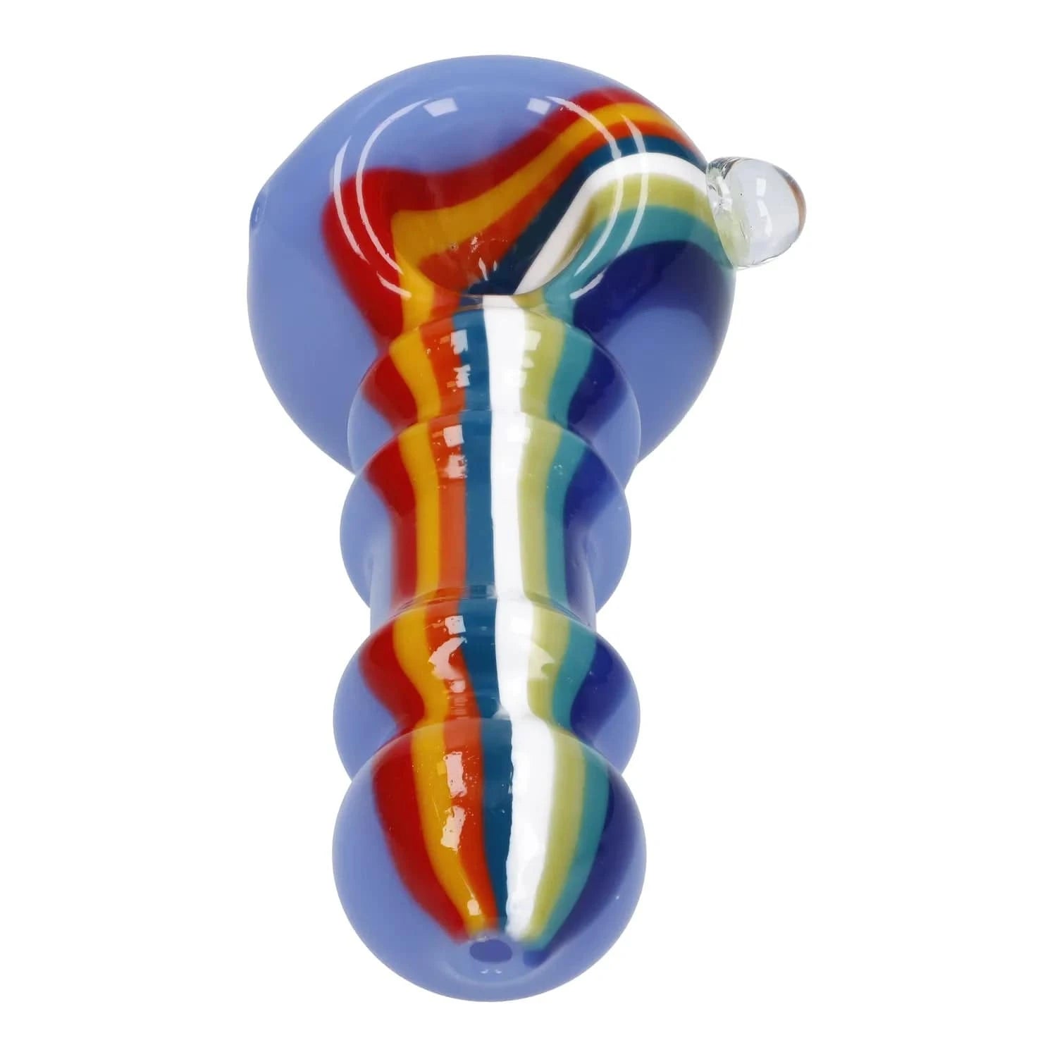 Top-down close-up of the Slime Rasta Rainbow Spoon Pipe - 4.5 in showing a glossy blue glass body with raised beads and a central rainbow stripe.