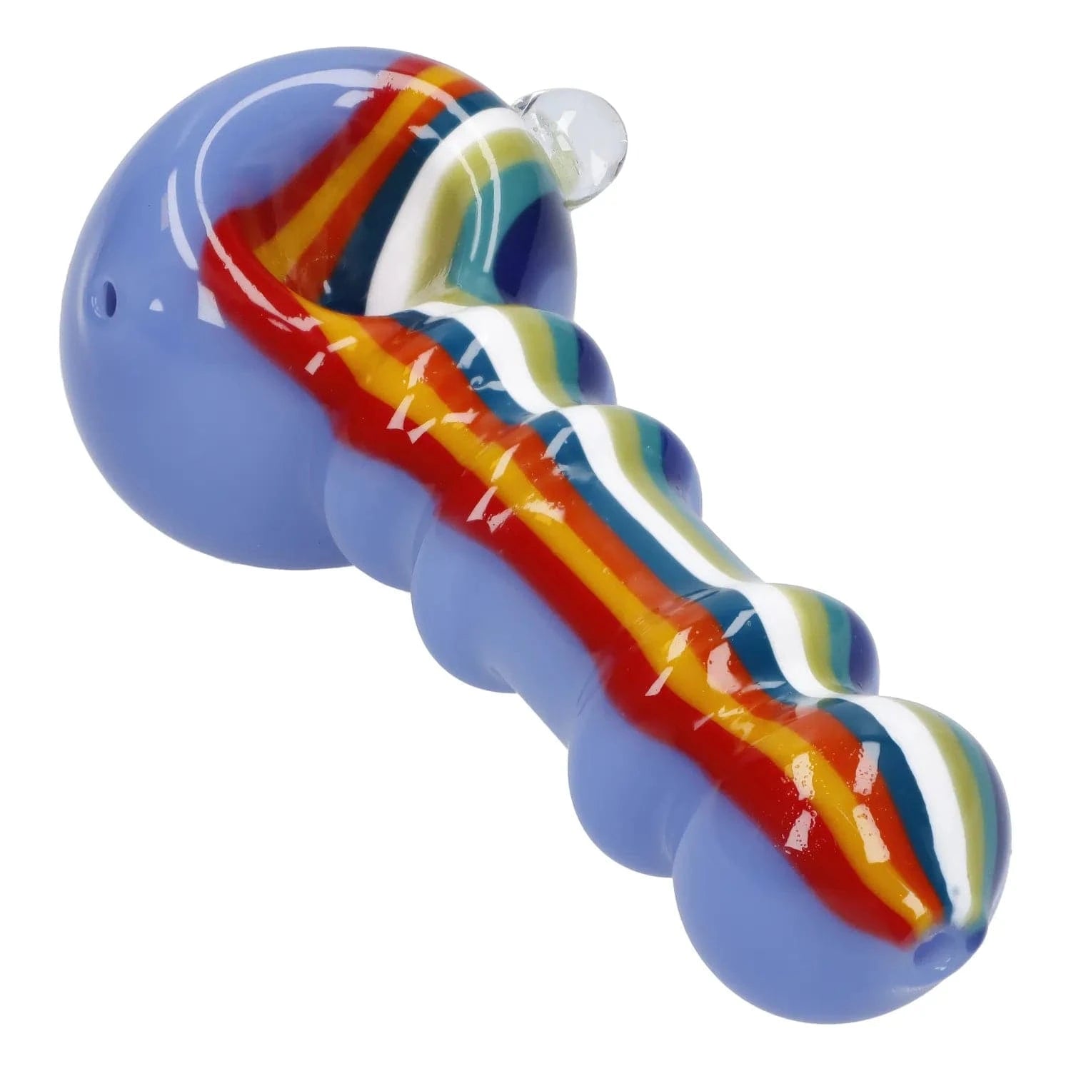 Angled close-up of the Slime Rasta Rainbow Spoon Pipe - 4.5 in showing its glossy lavender glass body with raised rainbow-striped ridges down the center.