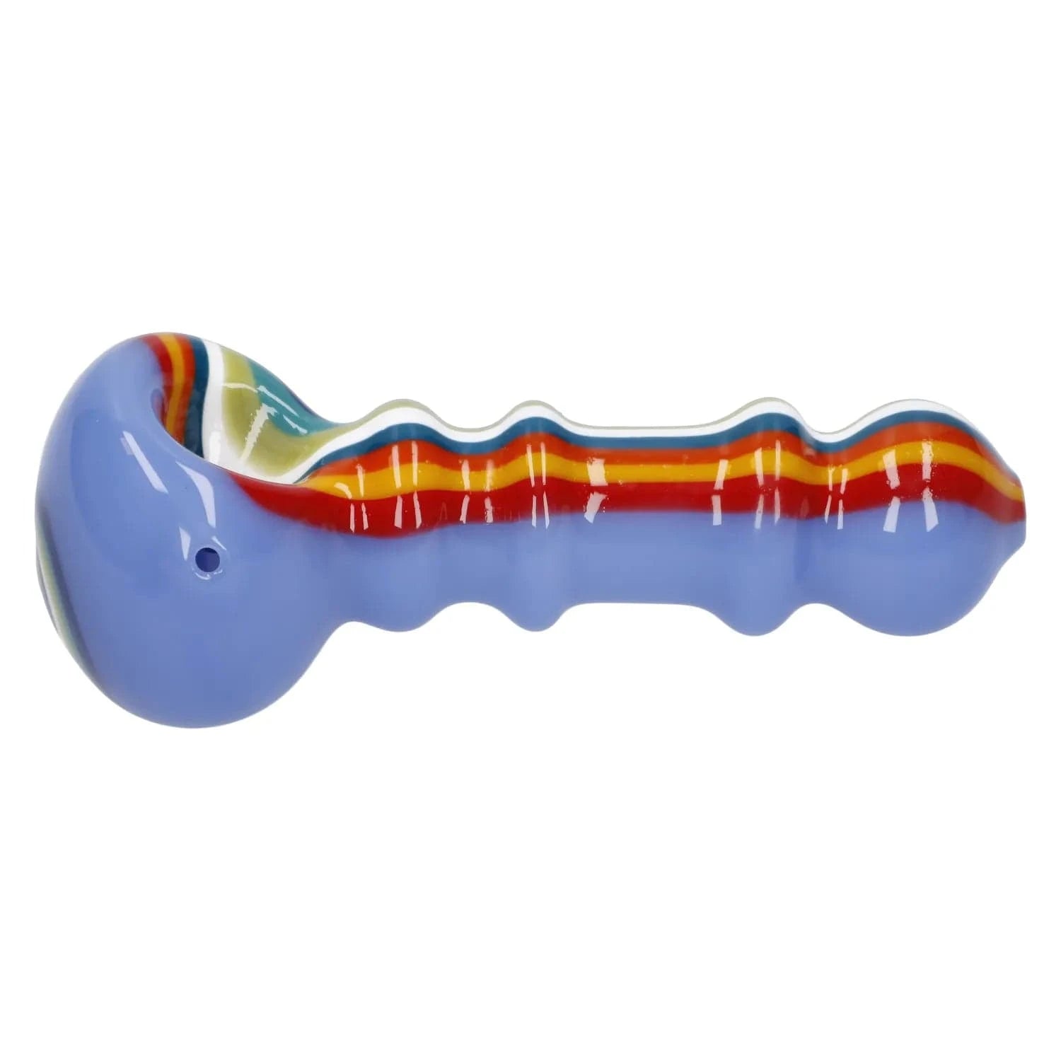 Side view of the Slime Rasta Rainbow Spoon Pipe - 4.5 in showing a glossy light blue glass body with raised ribbed grip and rainbow stripes along the bowl and stem.