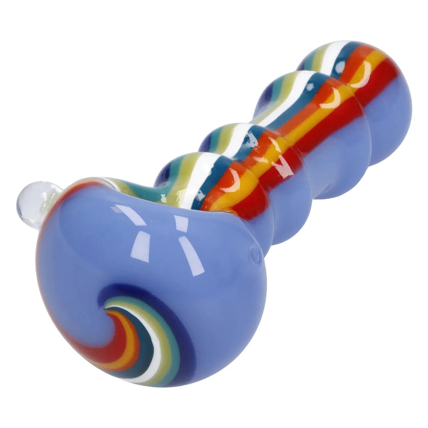 Close-up, angled view of the Slime Rasta Rainbow Spoon Pipe - 4.5 in showing glossy lavender glass with raised bumps and a multicolored rainbow stripe along its top.