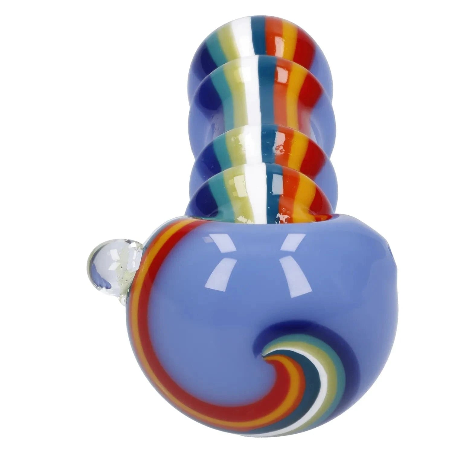Top-down close-up of the Slime Rasta Rainbow Spoon Pipe - 4.5 in showing a glossy blue body with spiraled rainbow striping.