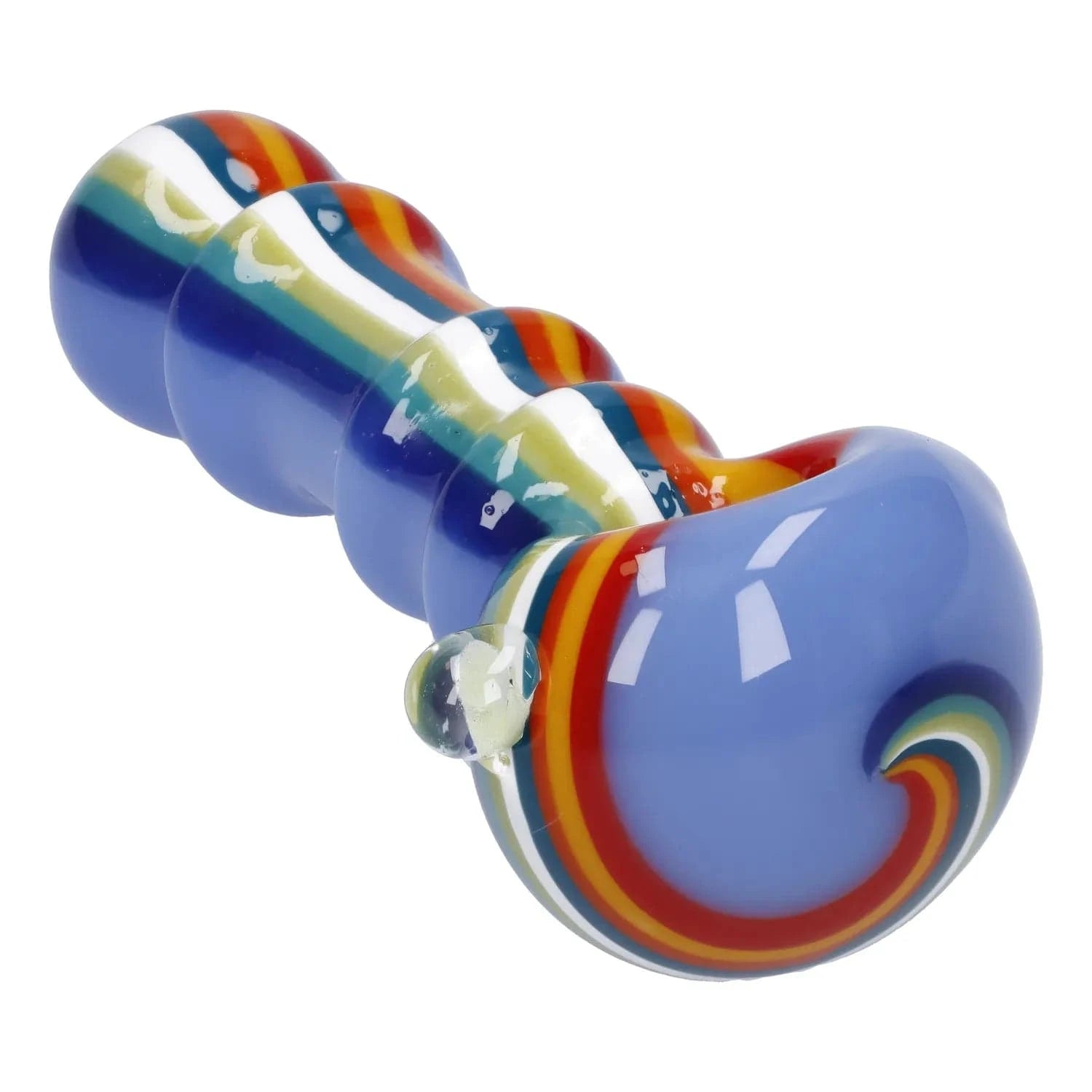 Angled close-up of the glossy Slime Rasta Rainbow Spoon Pipe - 4.5 in showing its blue glass body with raised ridges and multicolored rainbow striping.