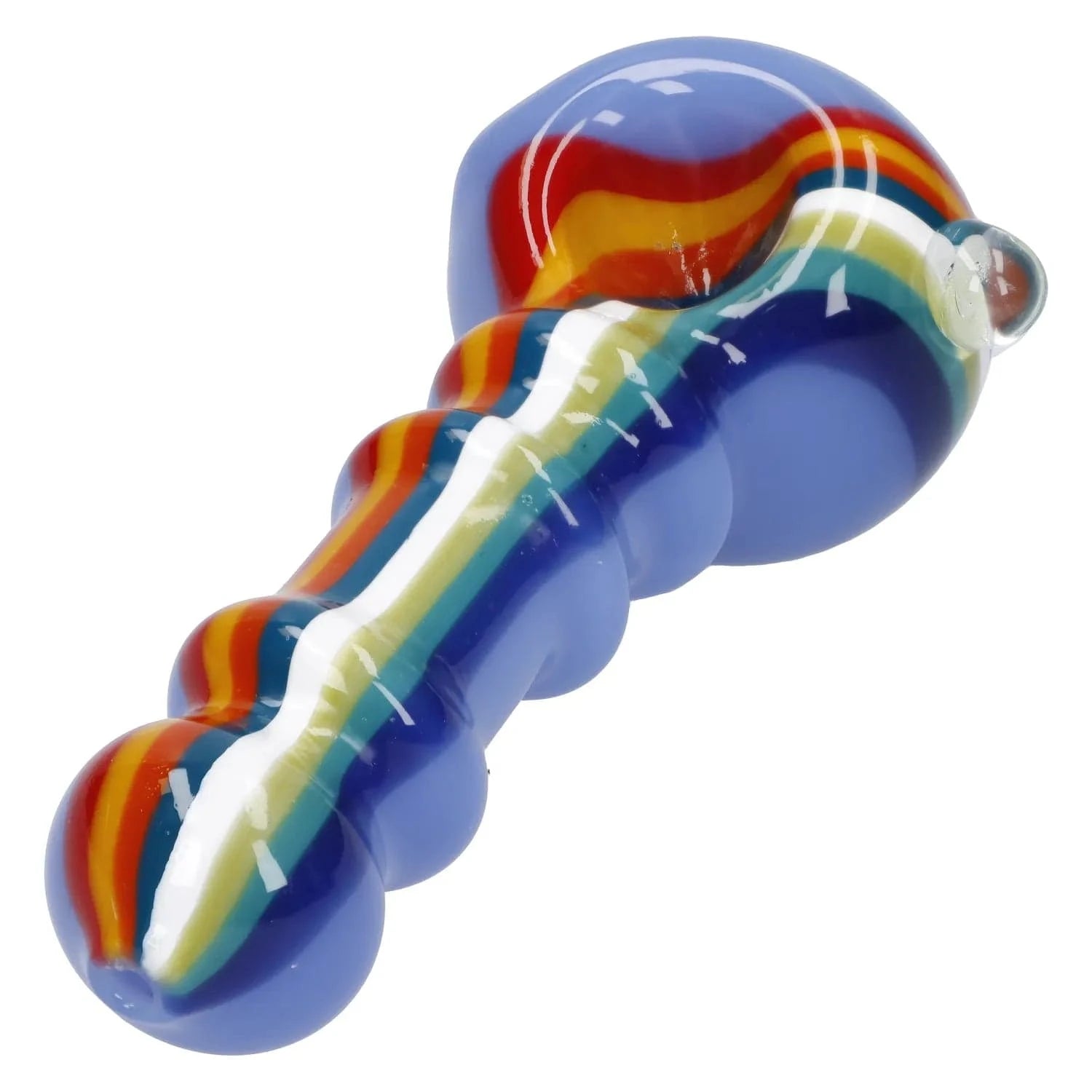 Close-up angled view of the Slime Rasta Rainbow Spoon Pipe - 4.5 in showing glossy blue glass with raised rainbow stripes and a rounded mouthpiece.