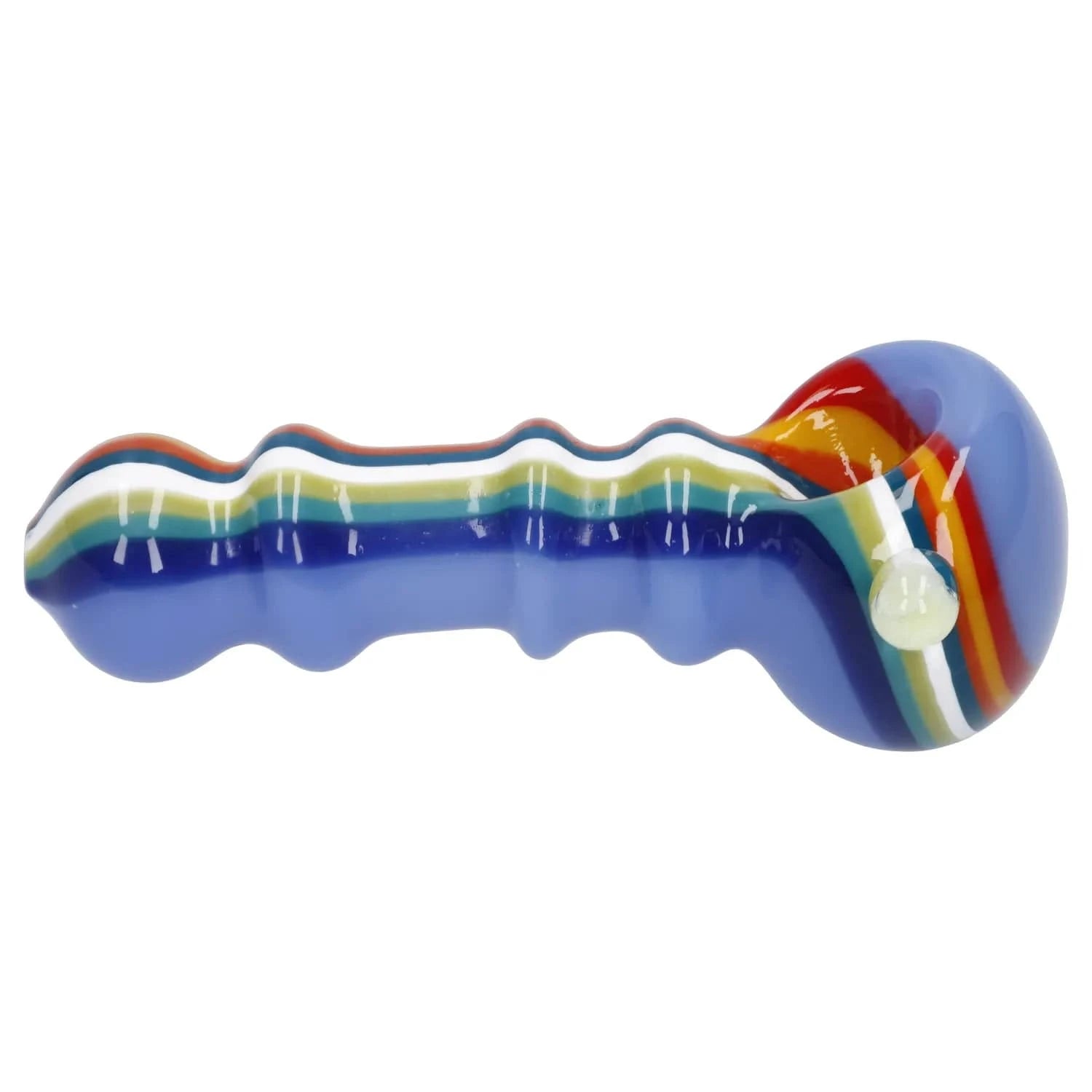 Side view of the Slime Rasta Rainbow Spoon Pipe - 4.5 in showing a glossy blue glass body with raised ridges and layered rainbow stripes along the top.