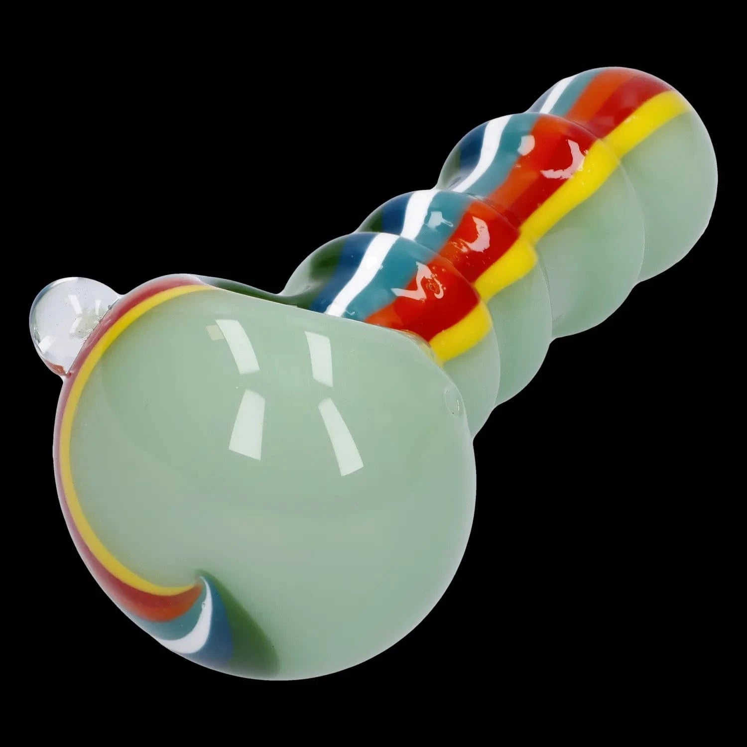 Close-up angled view of the Slime Rasta Rainbow Spoon Pipe - 4.5 in showing its pale green bowl and twisted rainbow-striped handle against a black background