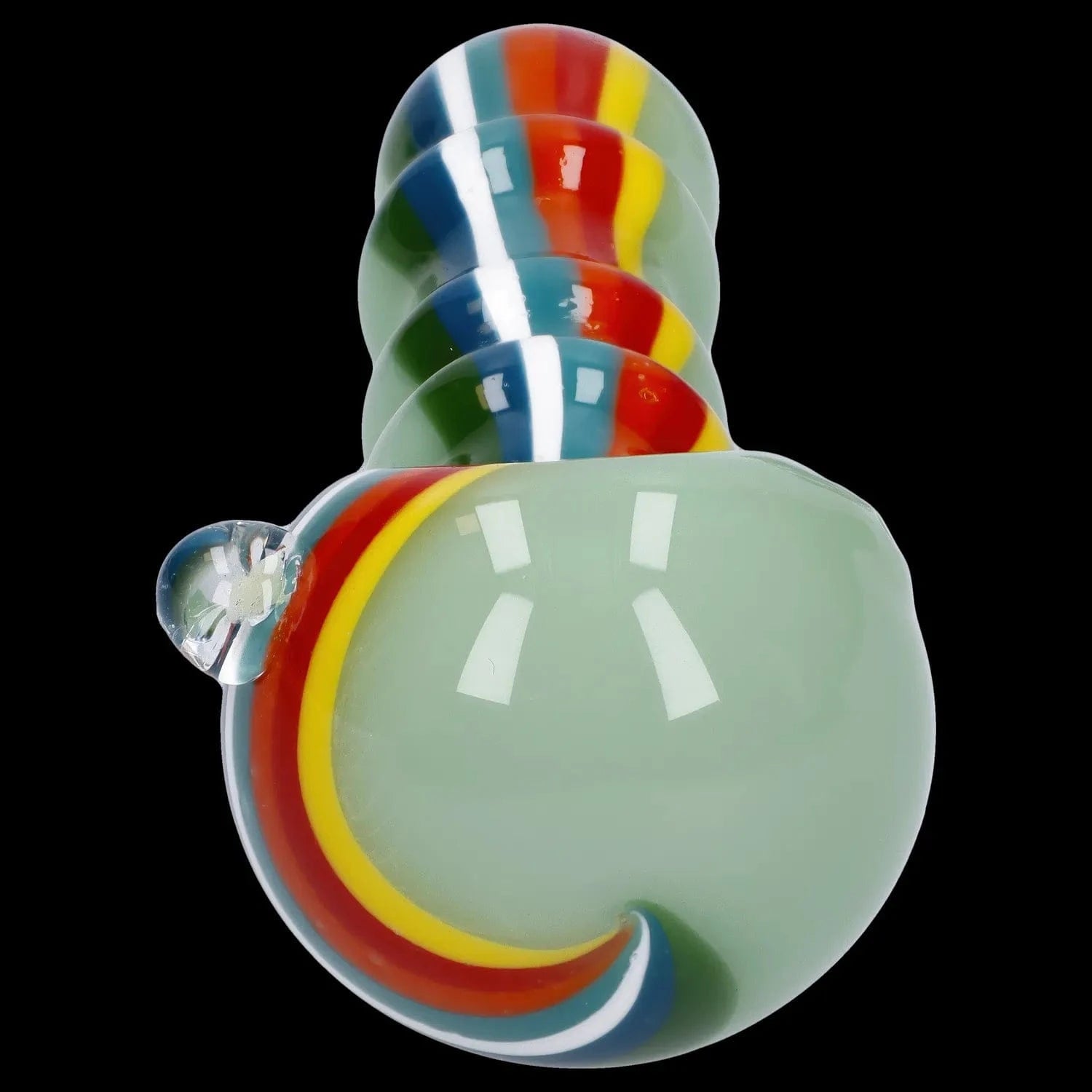 Top-down close-up of the Slime Rasta Rainbow Spoon Pipe - 4.5 in showing a pale green bowl and spiral red-yellow-blue stripe.