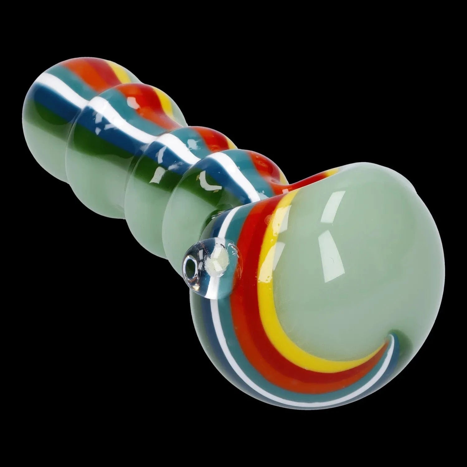 Close-up angled view of the Slime Rasta Rainbow Spoon Pipe - 4.5 in, showing glossy green glass with red, yellow, blue and white rasta stripes against a black background