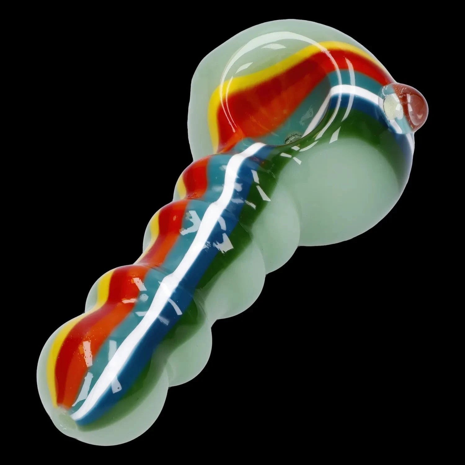 Close-up angled view of the Slime Rasta Rainbow Spoon Pipe - 4.5 in, showing glossy pale green glass with raised rainbow stripes against a black background.