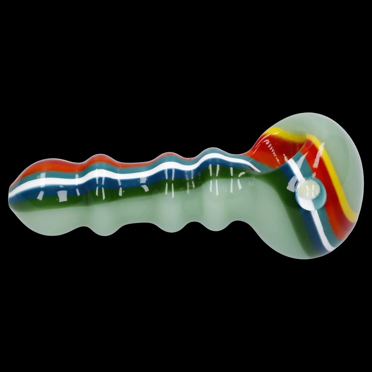 Angled close-up of the Slime Rasta Rainbow Spoon Pipe - 4.5 in, showing its wavy pale green body with red, yellow, blue, white and green stripes against a black background