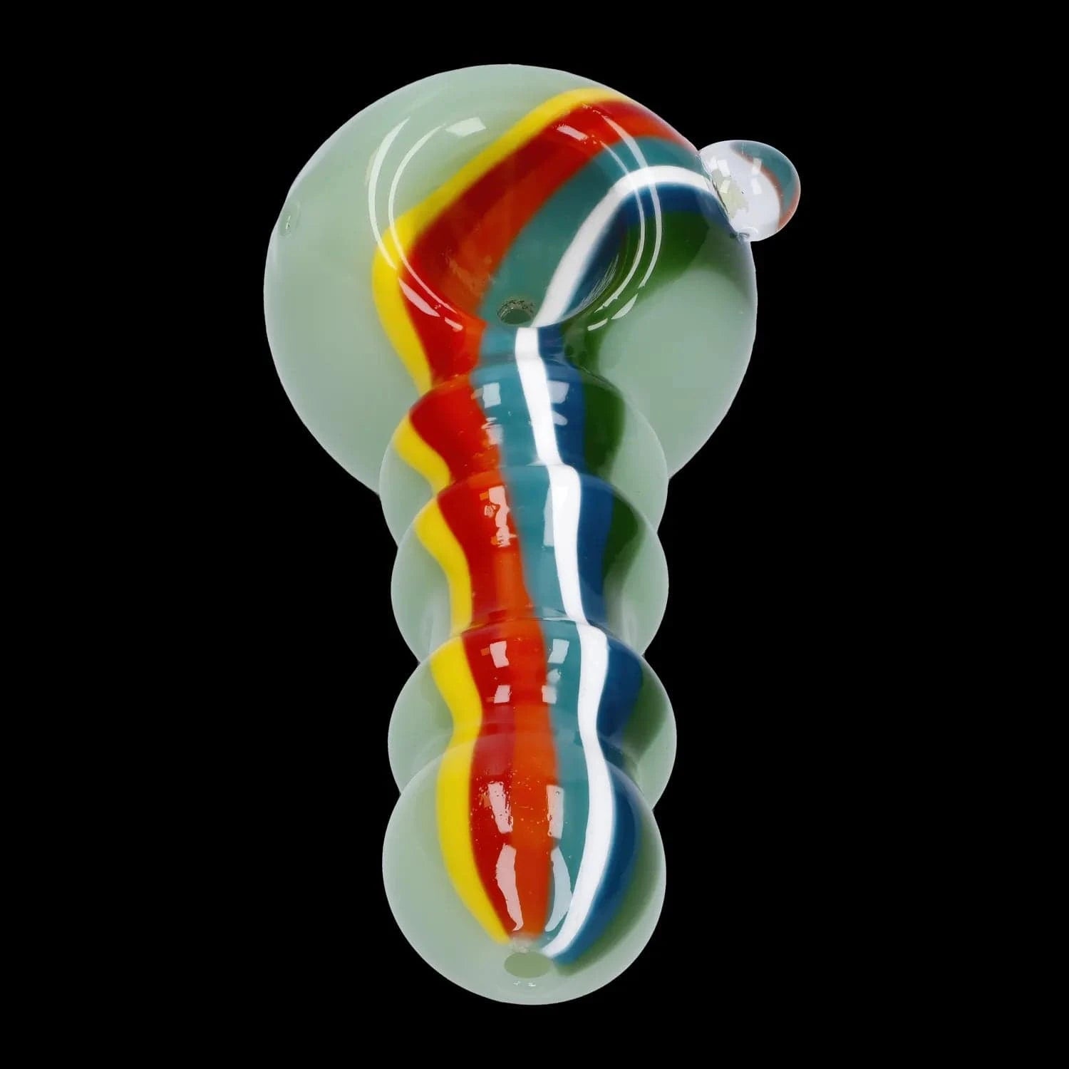Top-down close-up of the Slime Rasta Rainbow Spoon Pipe - 4.5 in showing a pale green glass body with raised coils and a central rainbow stripe.