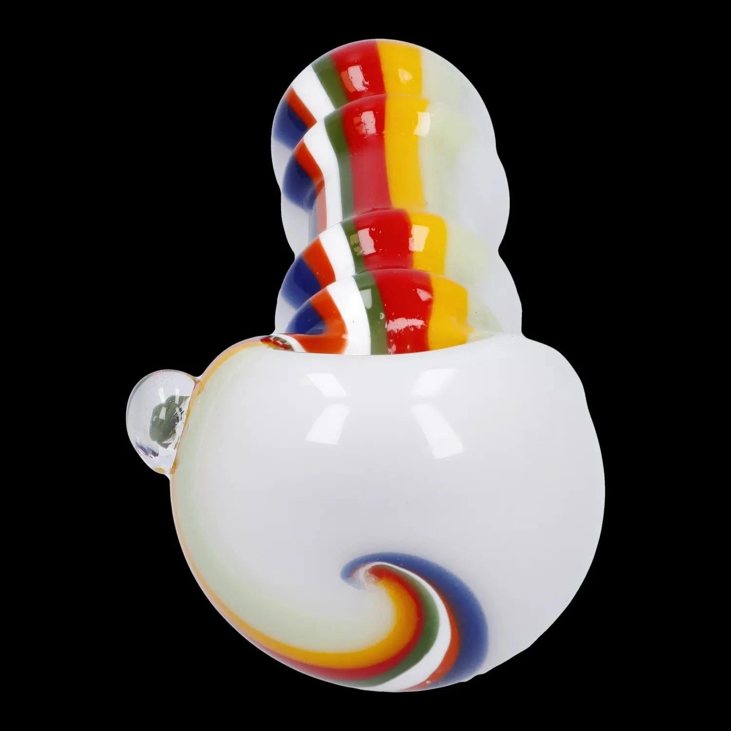 Close-up front view of the Slime Rasta Rainbow Spoon Pipe - 4.5 in, showing glossy white glass with a colorful rasta-striped swirl and bubble on a black background