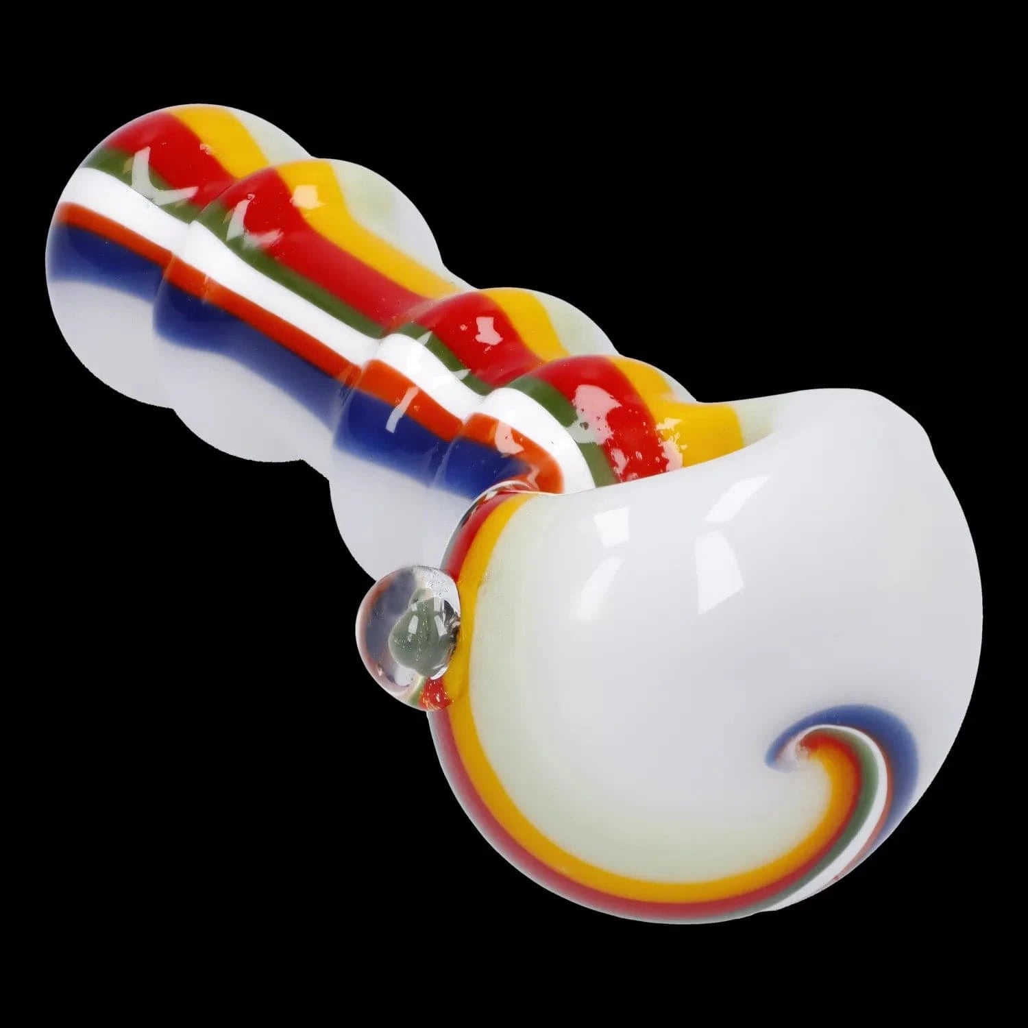 Close-up, angled view of the Slime Rasta Rainbow Spoon Pipe - 4.5 in showing its white glass bowl and twisted handle with vivid red, yellow, green, blue and orange stripes on a black background.