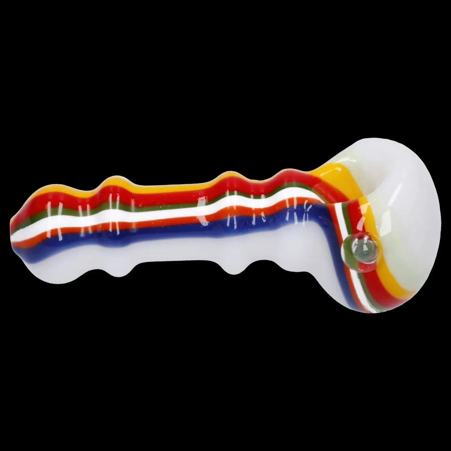 Close-up side view of the Slime Rasta Rainbow Spoon Pipe - 4.5 in showing its white glass body with wavy rainbow stripes and a rounded bowl on a black background