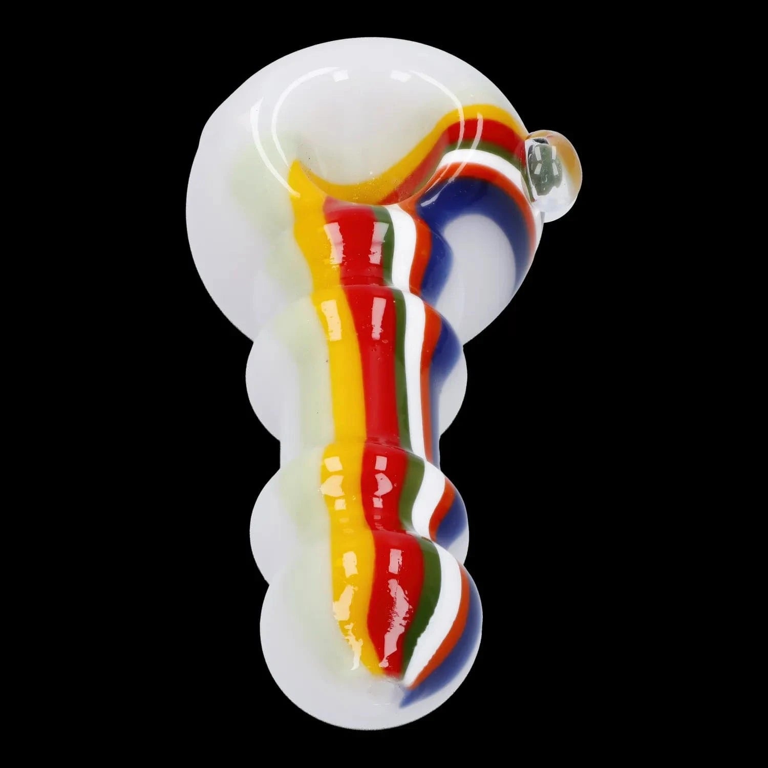 Top-down close-up of the Slime Rasta Rainbow Spoon Pipe - 4.5 in showing glossy white glass with raised rounded bumps and bright red, yellow, green, blue and white striped ribbon.