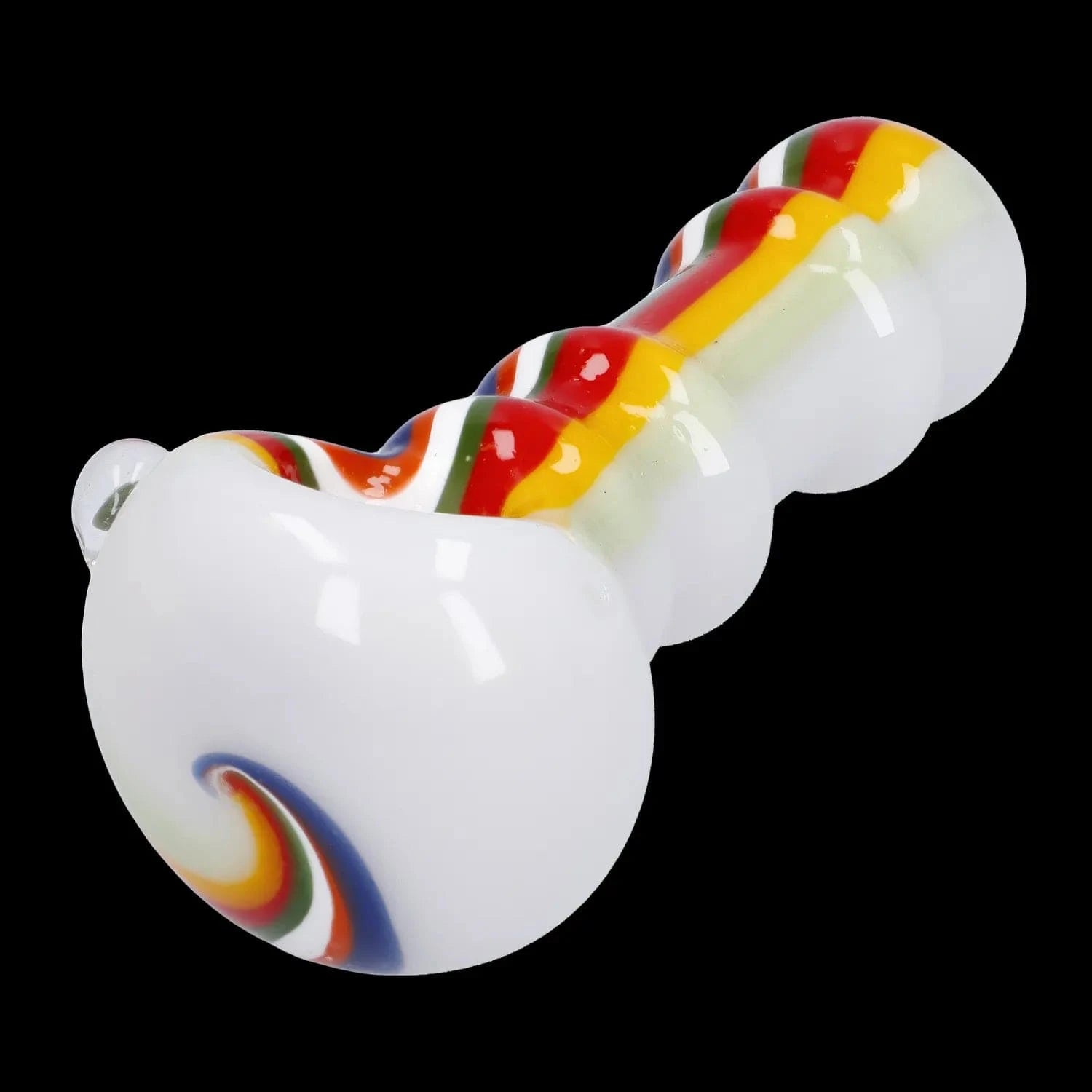 Close-up angled view of the white Slime Rasta Rainbow Spoon Pipe - 4.5 in with raised red, yellow, green and blue swirls along its bowl and stem against a black background