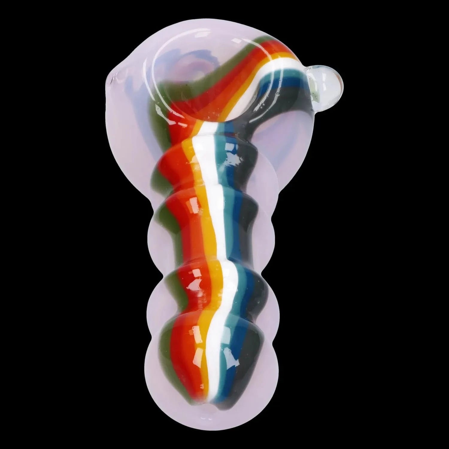 Close-up top-down view of the Slime Rasta Rainbow Spoon Pipe - 4.5 in showing a glossy white glass body with a raised spiral of rainbow stripes against a black background