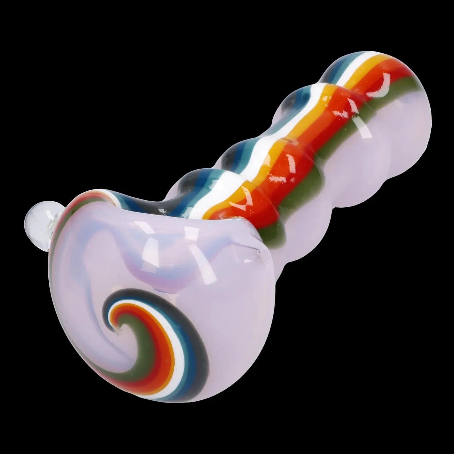 Close-up angled view of the Slime Rasta Rainbow Spoon Pipe - 4.5 in, showing its glossy curved body with rainbow swirl stripes against a black background
