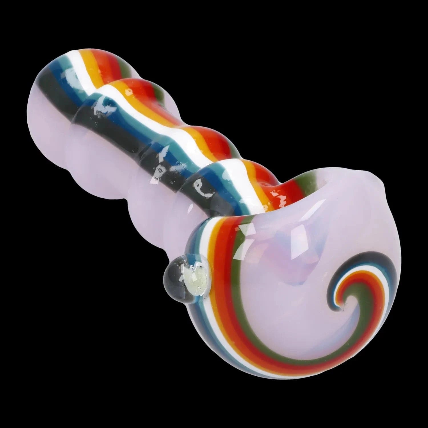 A close-up, angled view of the Slime Rasta Rainbow Spoon Pipe, showcasing its colorful glass and curved design.