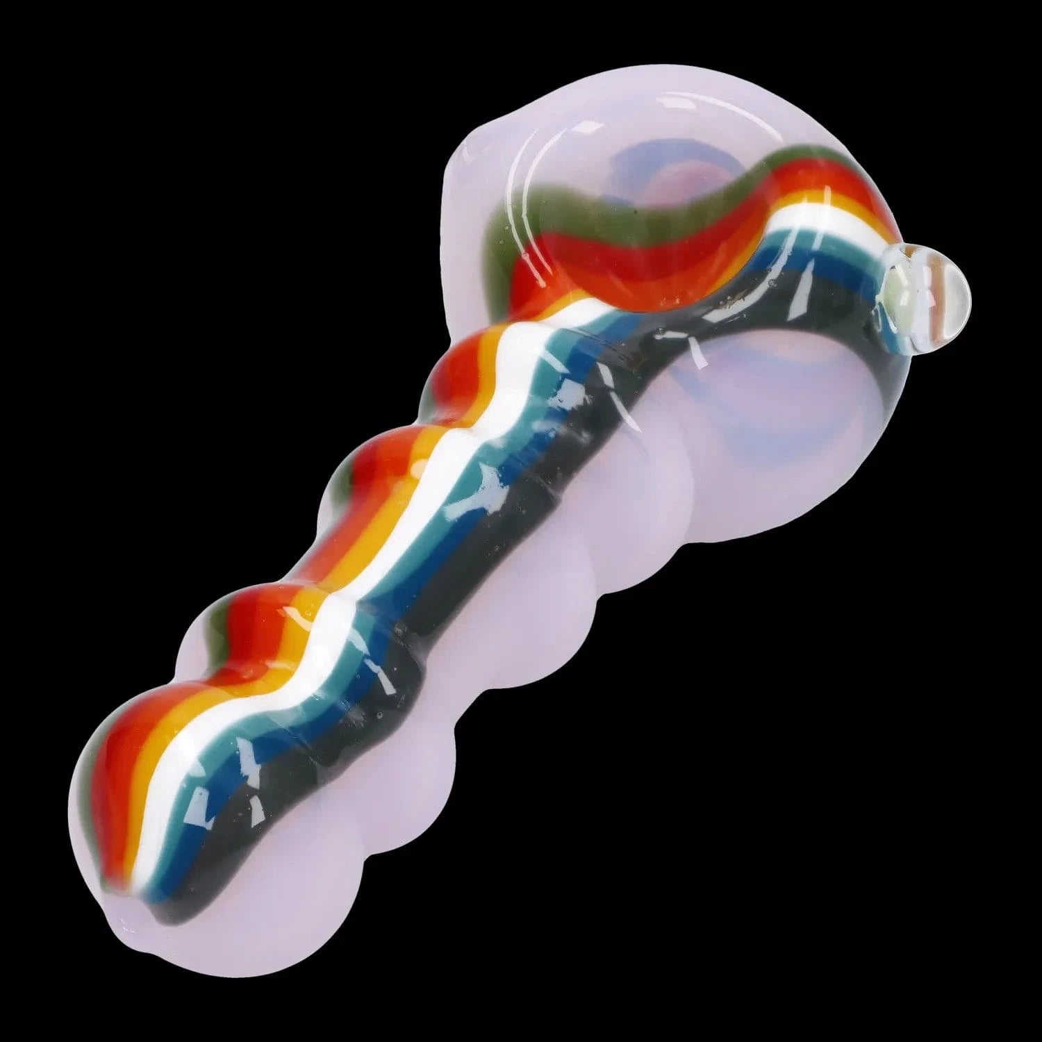 A close-up, angled view of the Slime Rasta Rainbow Spoon Pipe, showcasing its colorful glass construction.