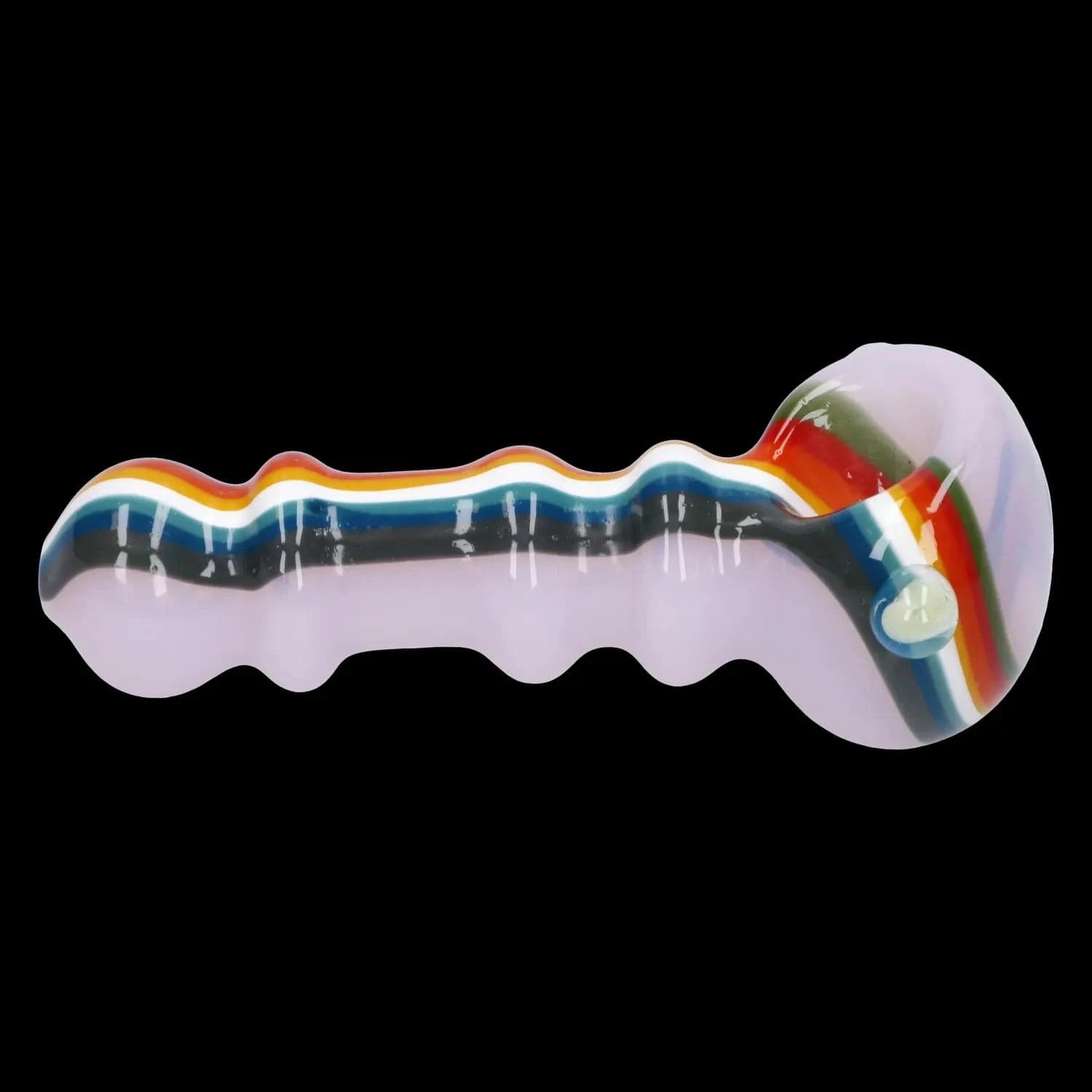 A side view of the 4.5-inch Slime Rasta Rainbow Spoon Pipe, showcasing its colorful, curved design against a dark background.